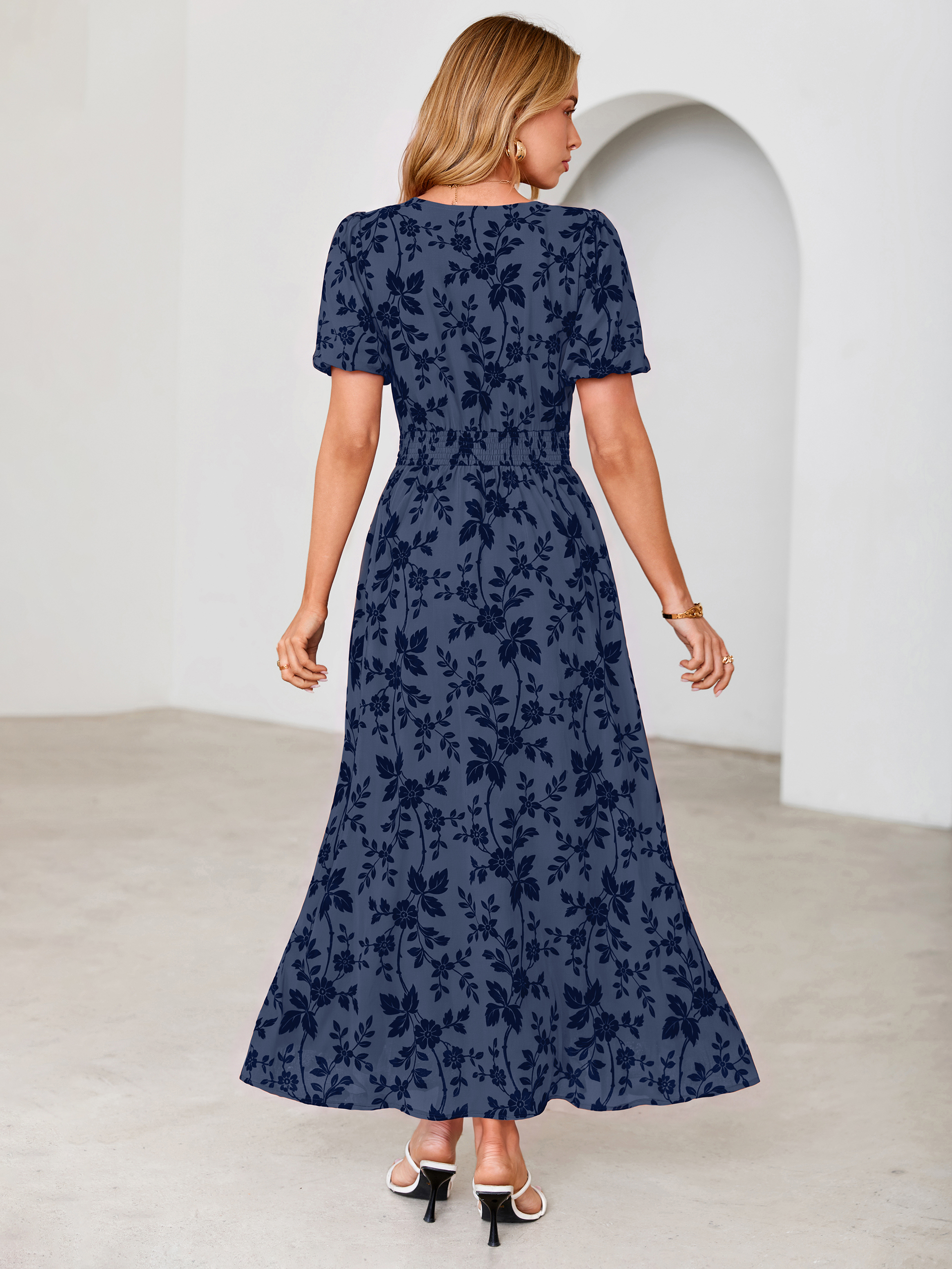 Slit Front Flocked Floral Mesh Smocked Maxi Dress