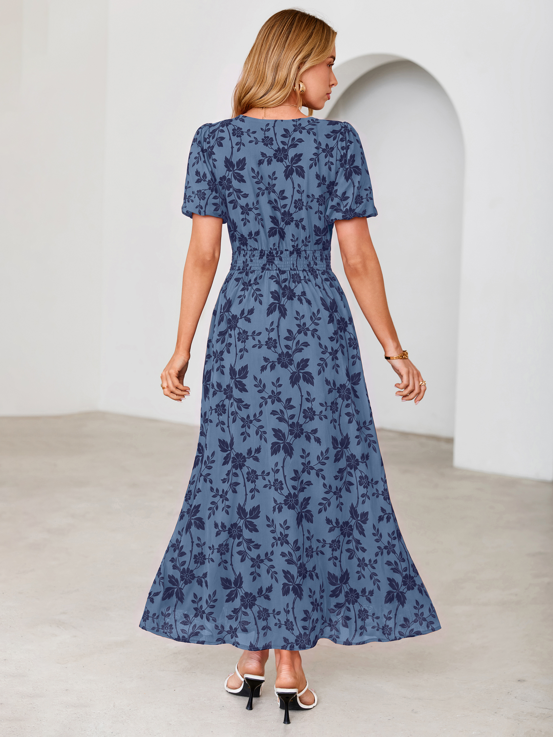 Slit Front Flocked Floral Mesh Smocked Maxi Dress
