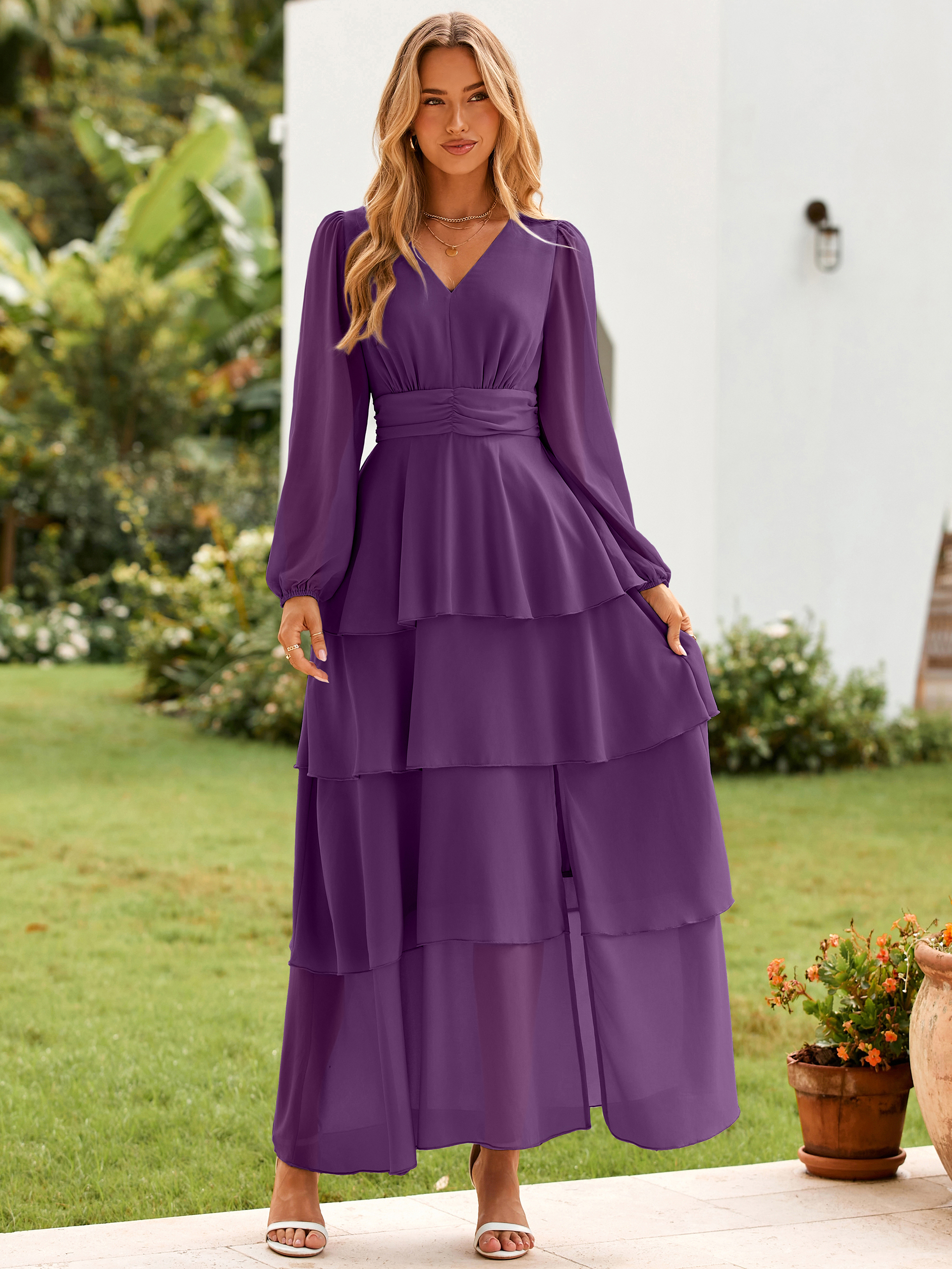 Chiffon Tiered Ruffle Wedding Guest Maxi Dress - Dark Purple