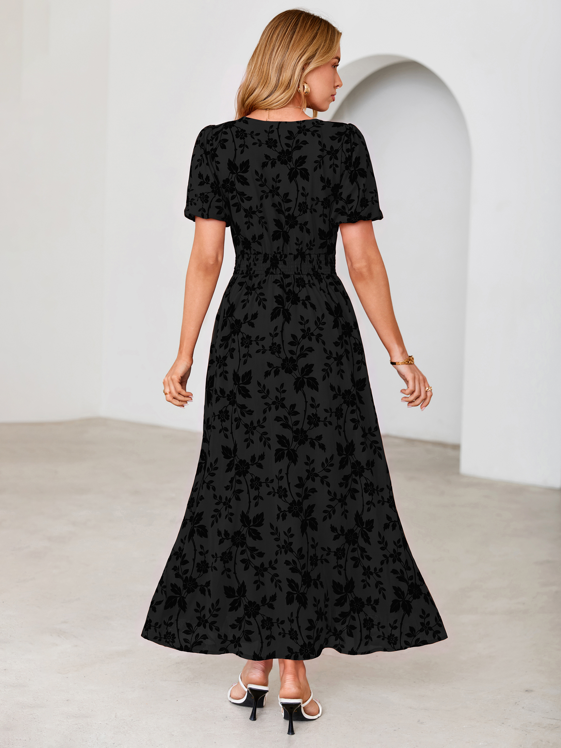 Slit Front Flocked Floral Mesh Smocked Maxi Dress