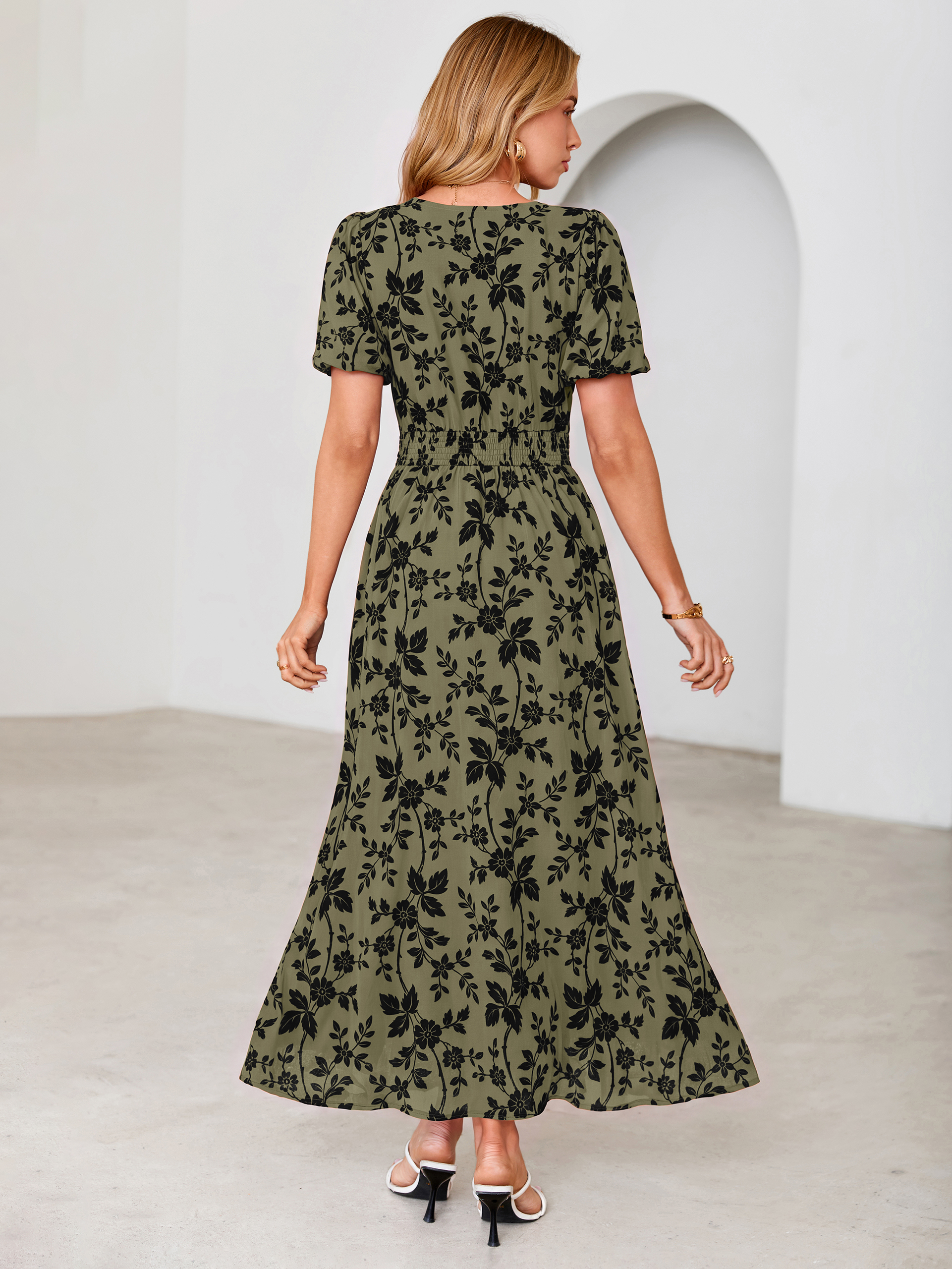 Slit Front Flocked Floral Mesh Smocked Maxi Dress