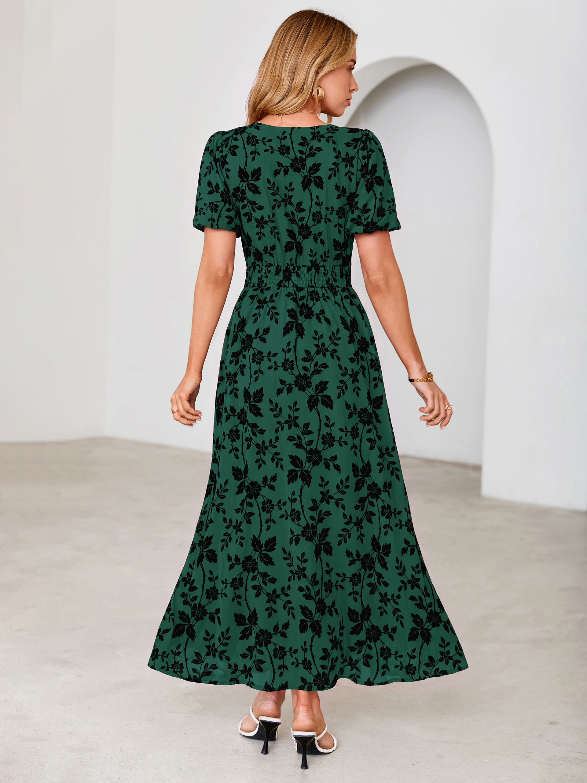 Slit Front Flocked Floral Mesh Smocked Maxi Dress