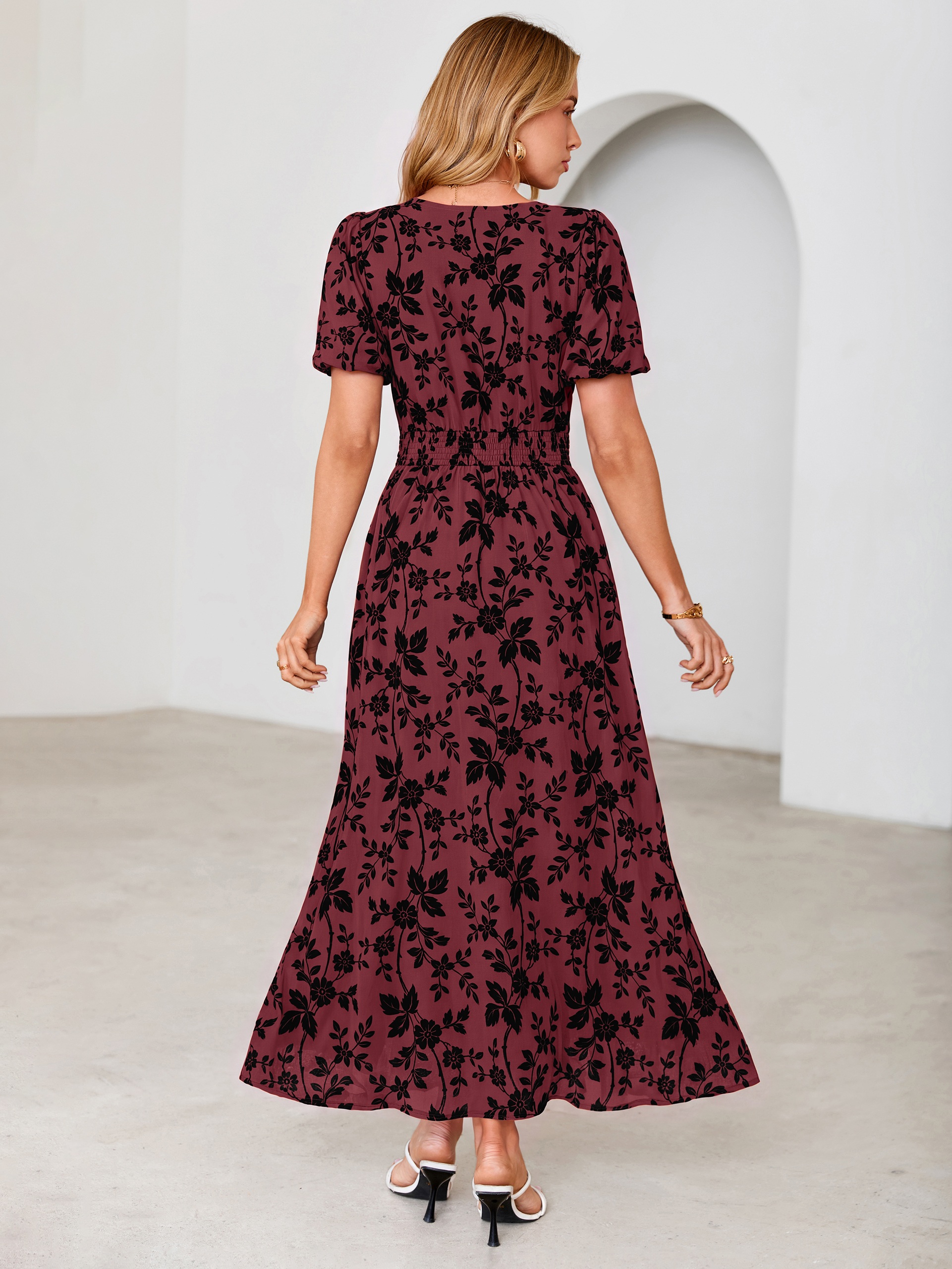Slit Front Flocked Floral Mesh Smocked Maxi Dress