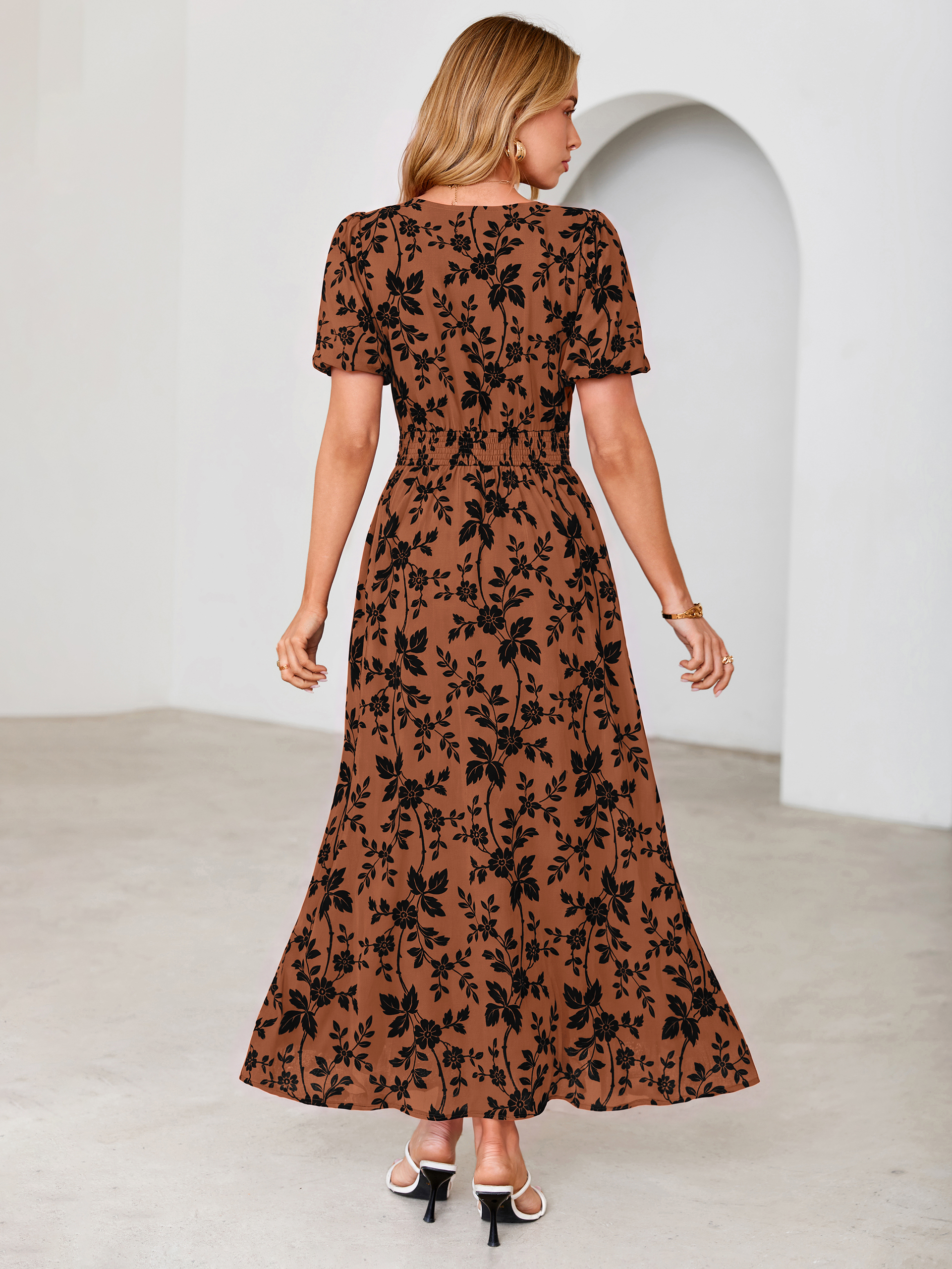 Slit Front Flocked Floral Mesh Smocked Maxi Dress