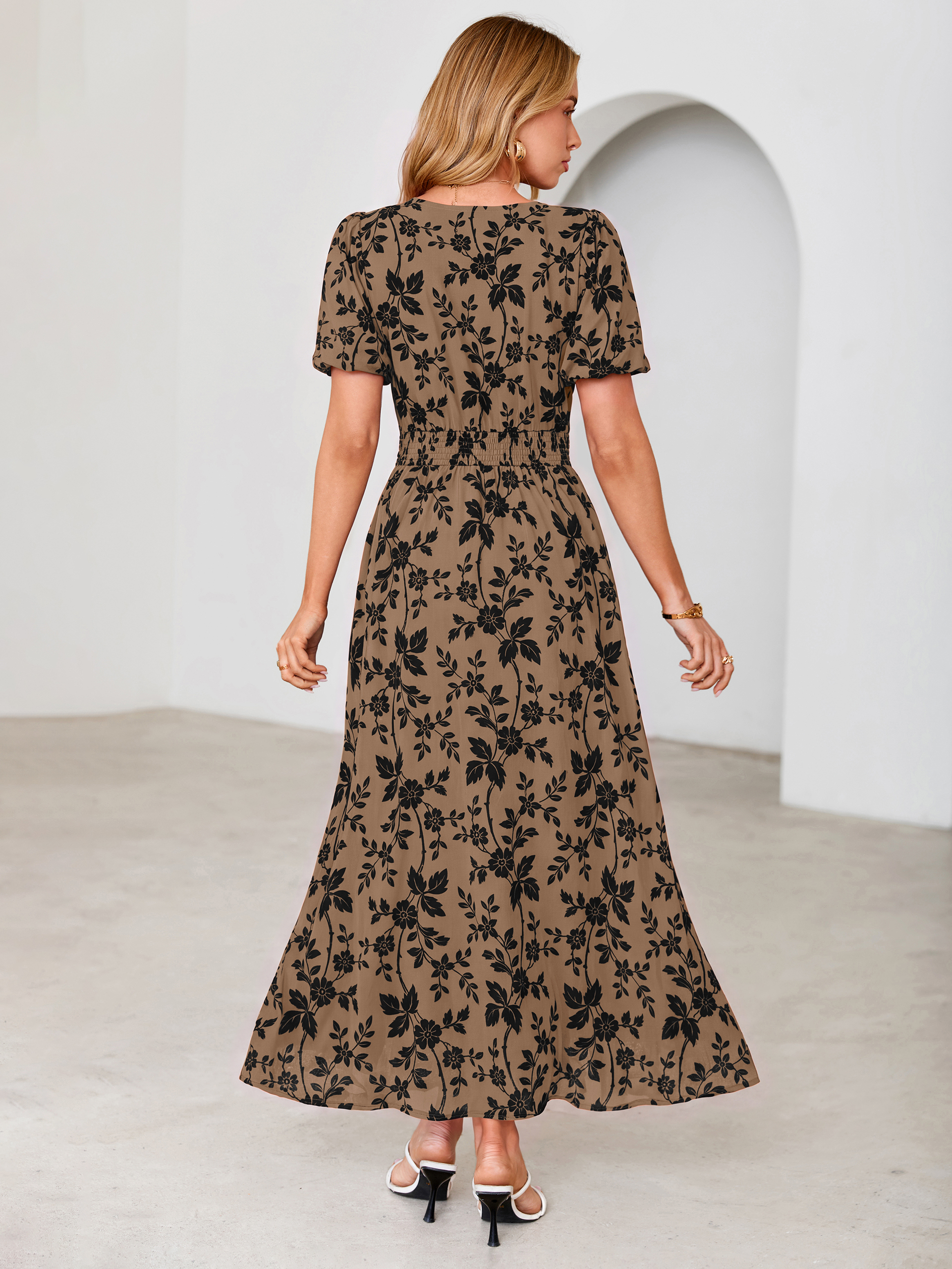 Slit Front Flocked Floral Mesh Smocked Maxi Dress
