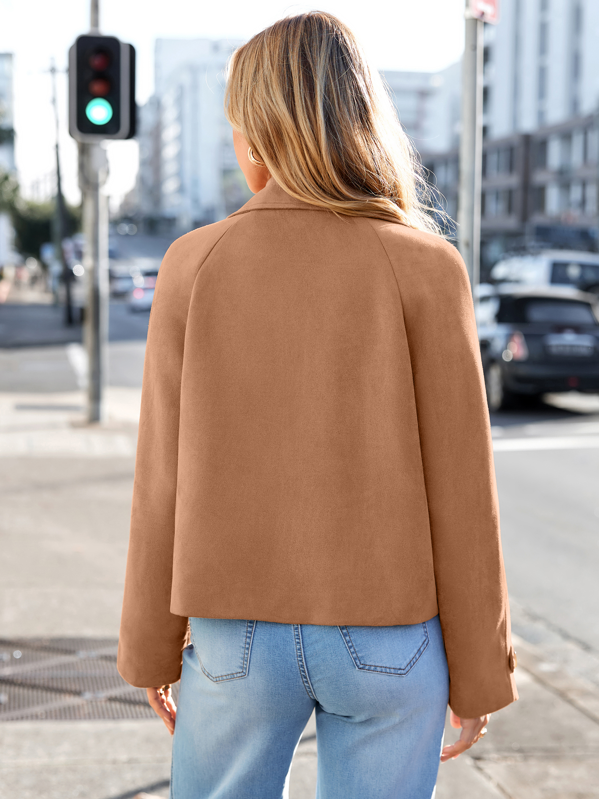Faux Suede Notch Collar Double Breasted Jacket