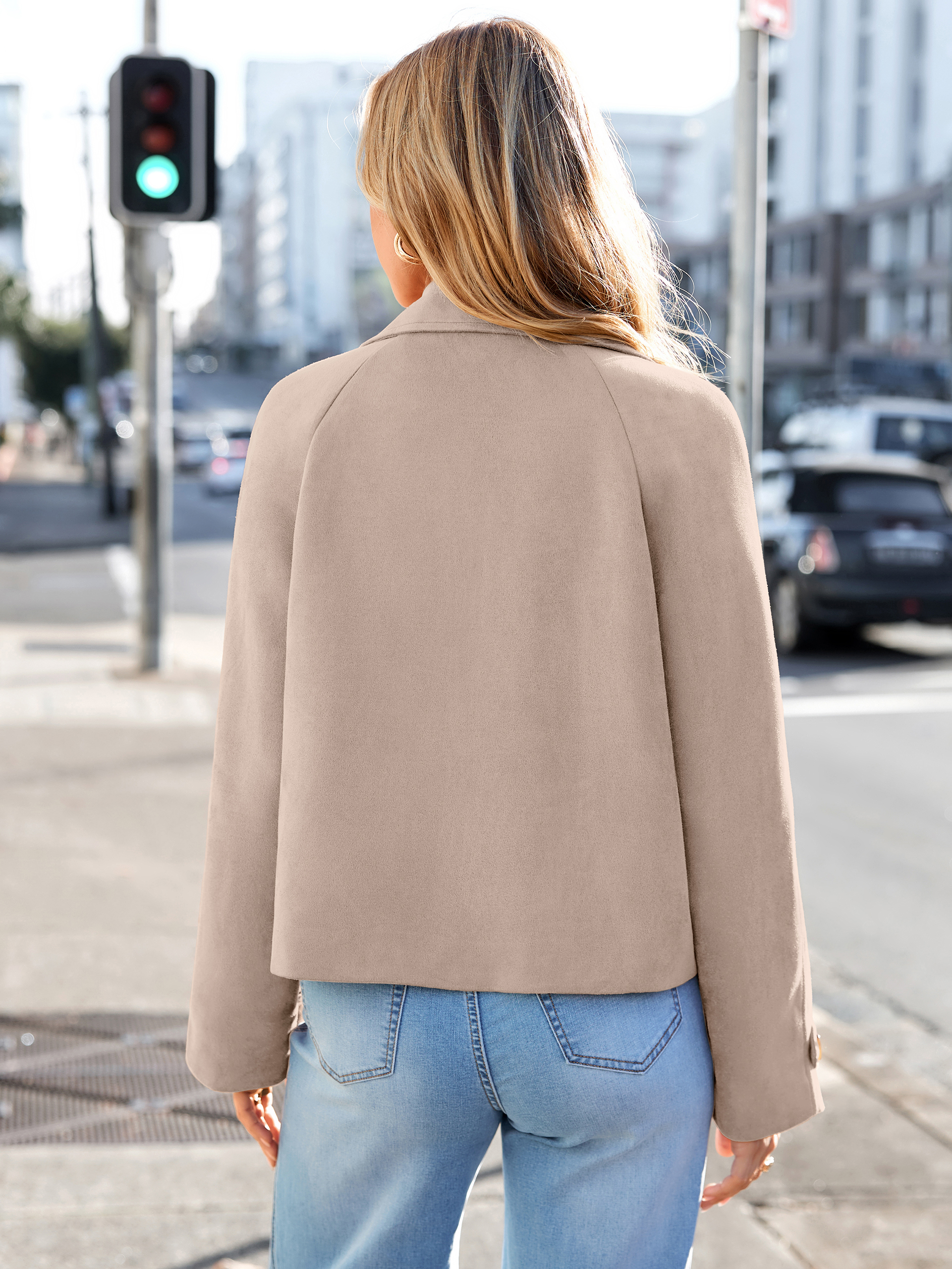 Faux Suede Notch Collar Double Breasted Jacket