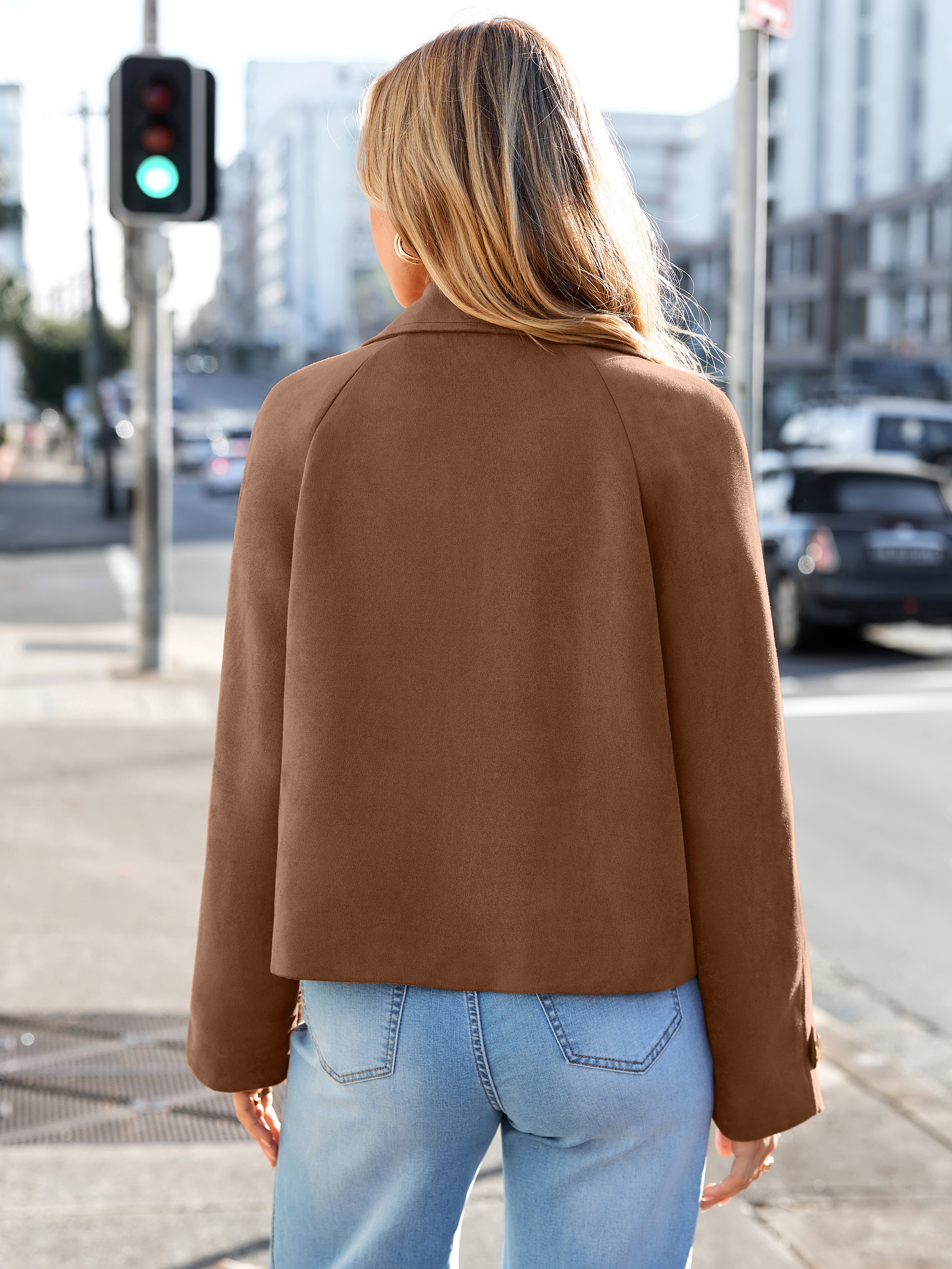 Faux Suede Notch Collar Double Breasted Jacket