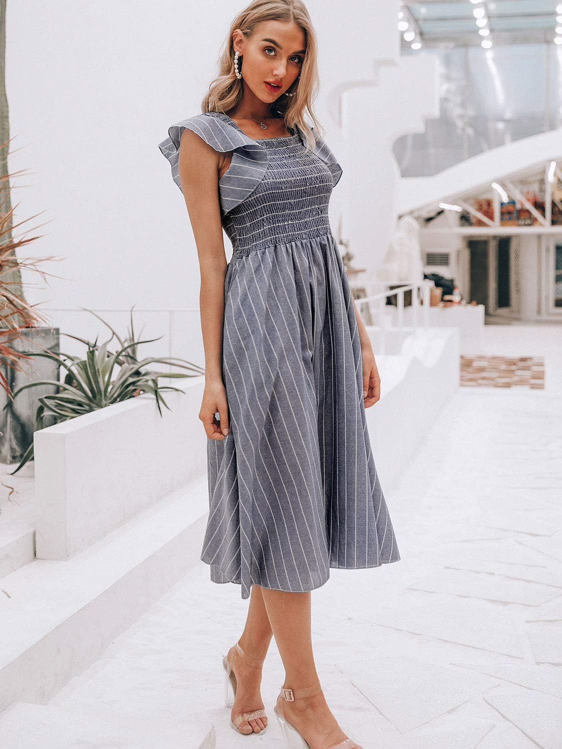Striped Puff Sleeve Smocked A Line Midi Dress - Grey Stripe