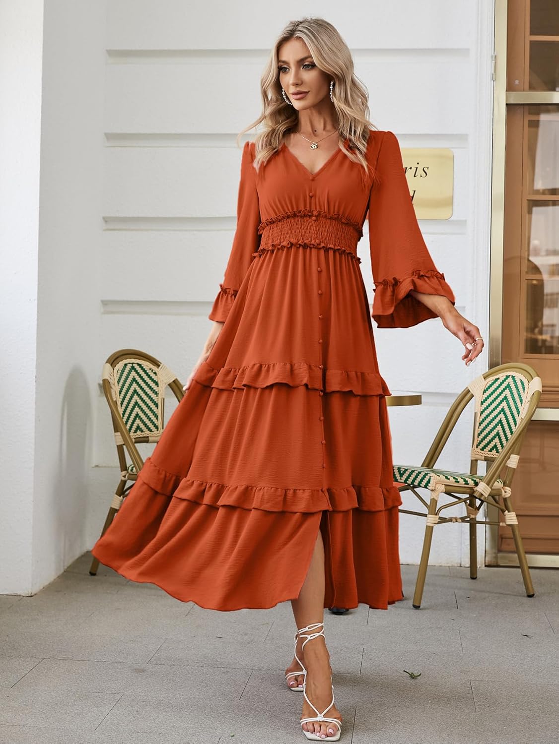 Long Sleeve Tiered Ruffle Smocked Flare Maxi Dress - Burnt Orange