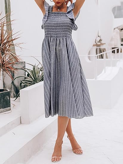 Striped Puff Sleeve Smocked A Line Midi Dress