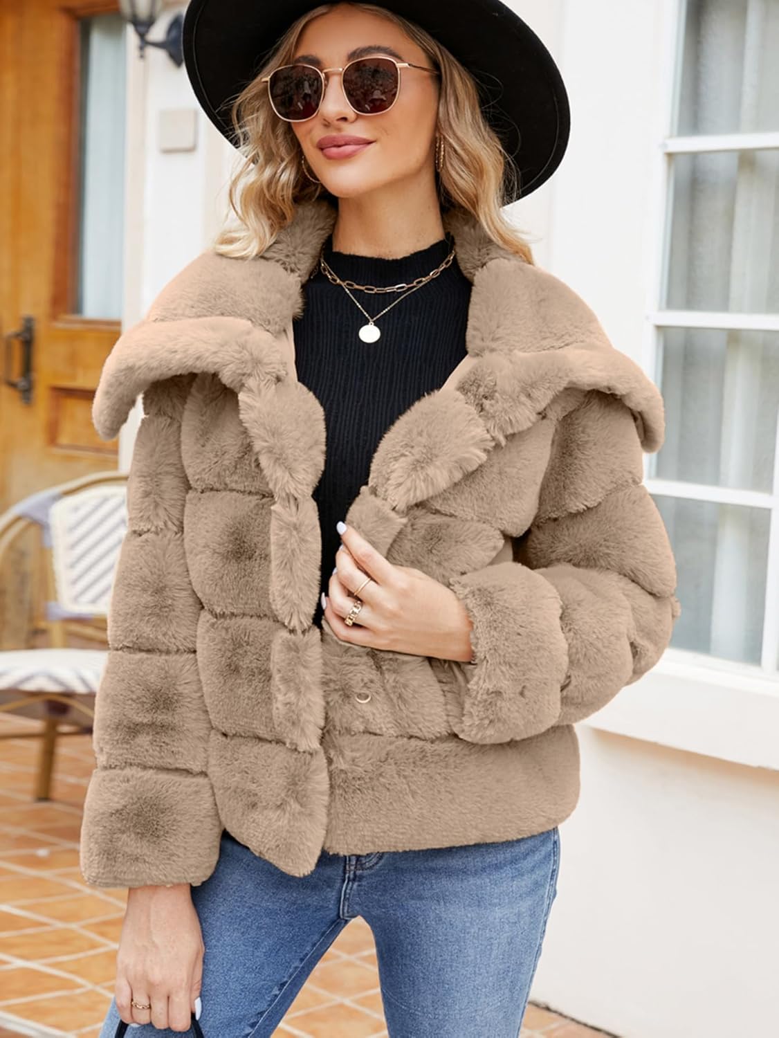Cropped Faux Fur Winter Coat Jacket - Light Khaki