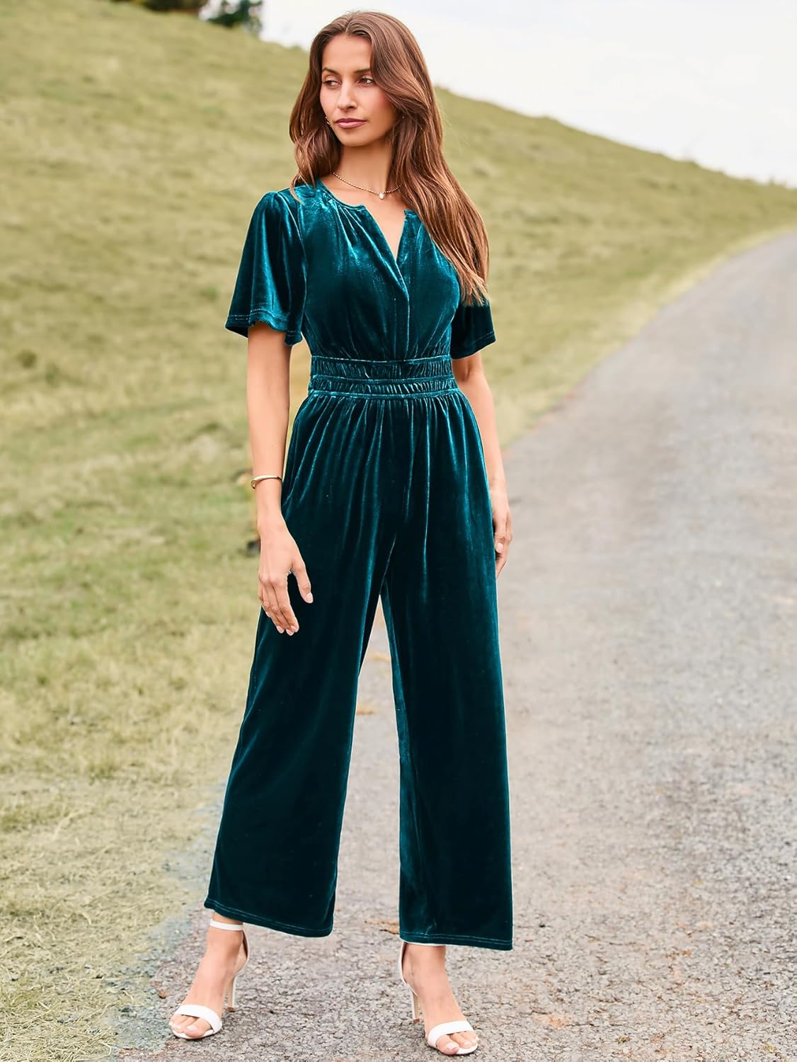 Velvet Short Sleeve V Neck Wide Leg Jumpsuit - Lake Blue