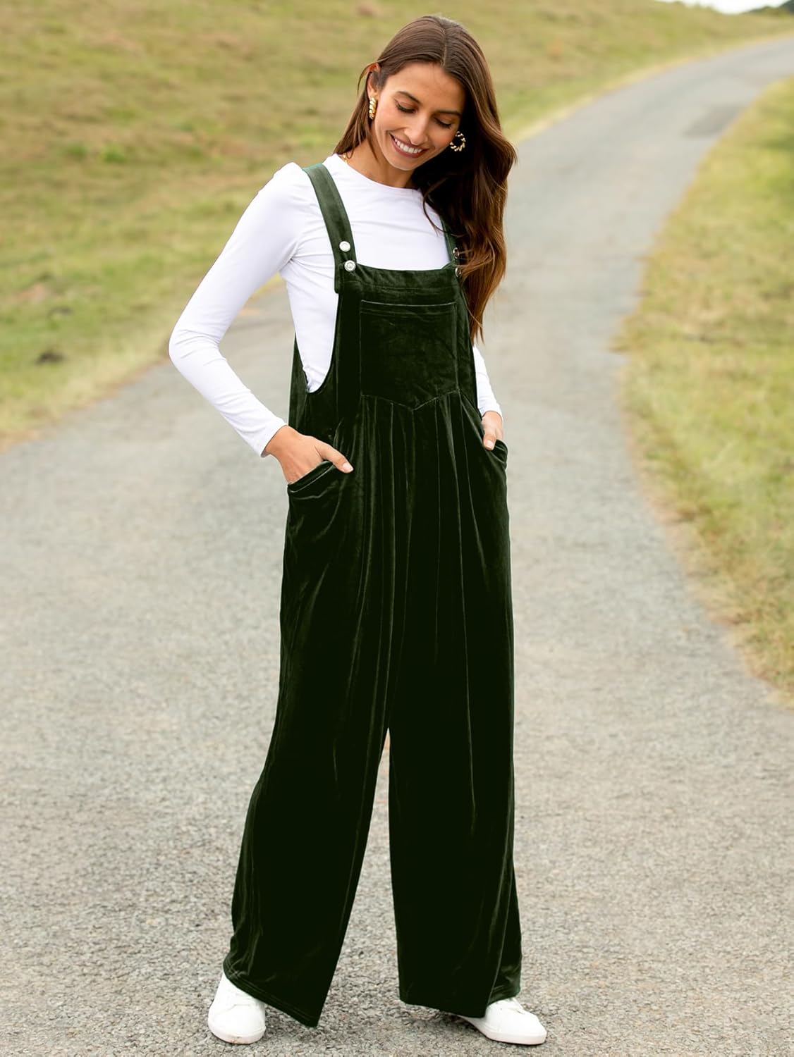 Velvet Sleeveless Square Neck Wide Leg Jumpsuit - Army Green