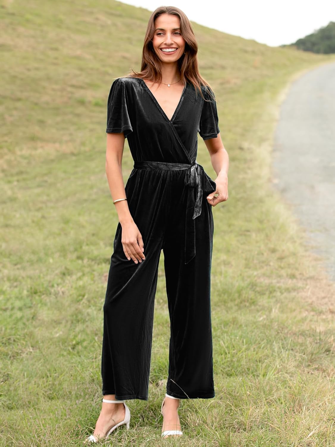 Velvet Short Sleeve Belted Wide Leg Jumpsuit - Black