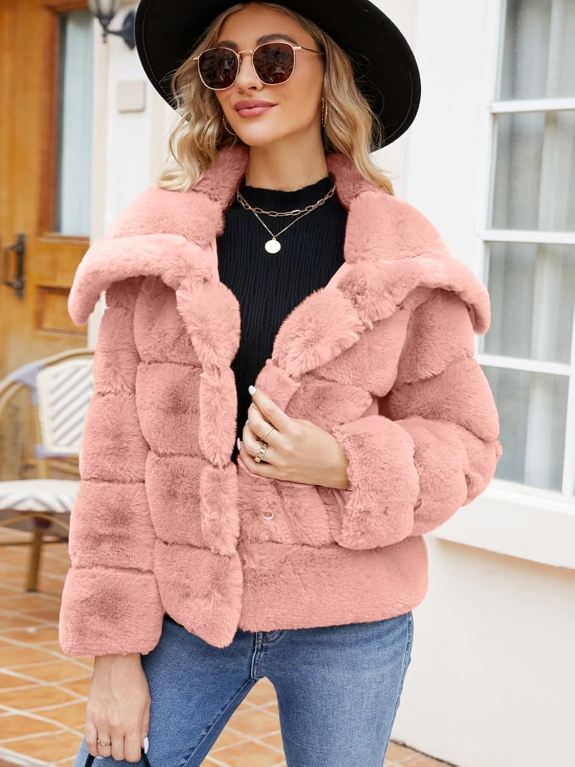 Cropped Faux Fur Winter Coat Jacket - Light Pink