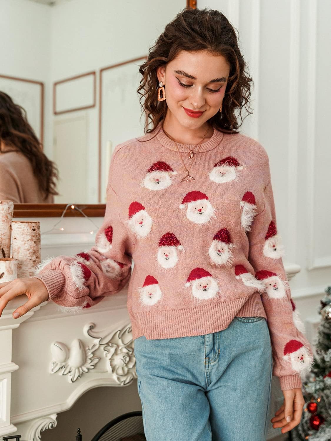 Fuzzy Santa Face Print Knit Christmas Sweater - Pink
