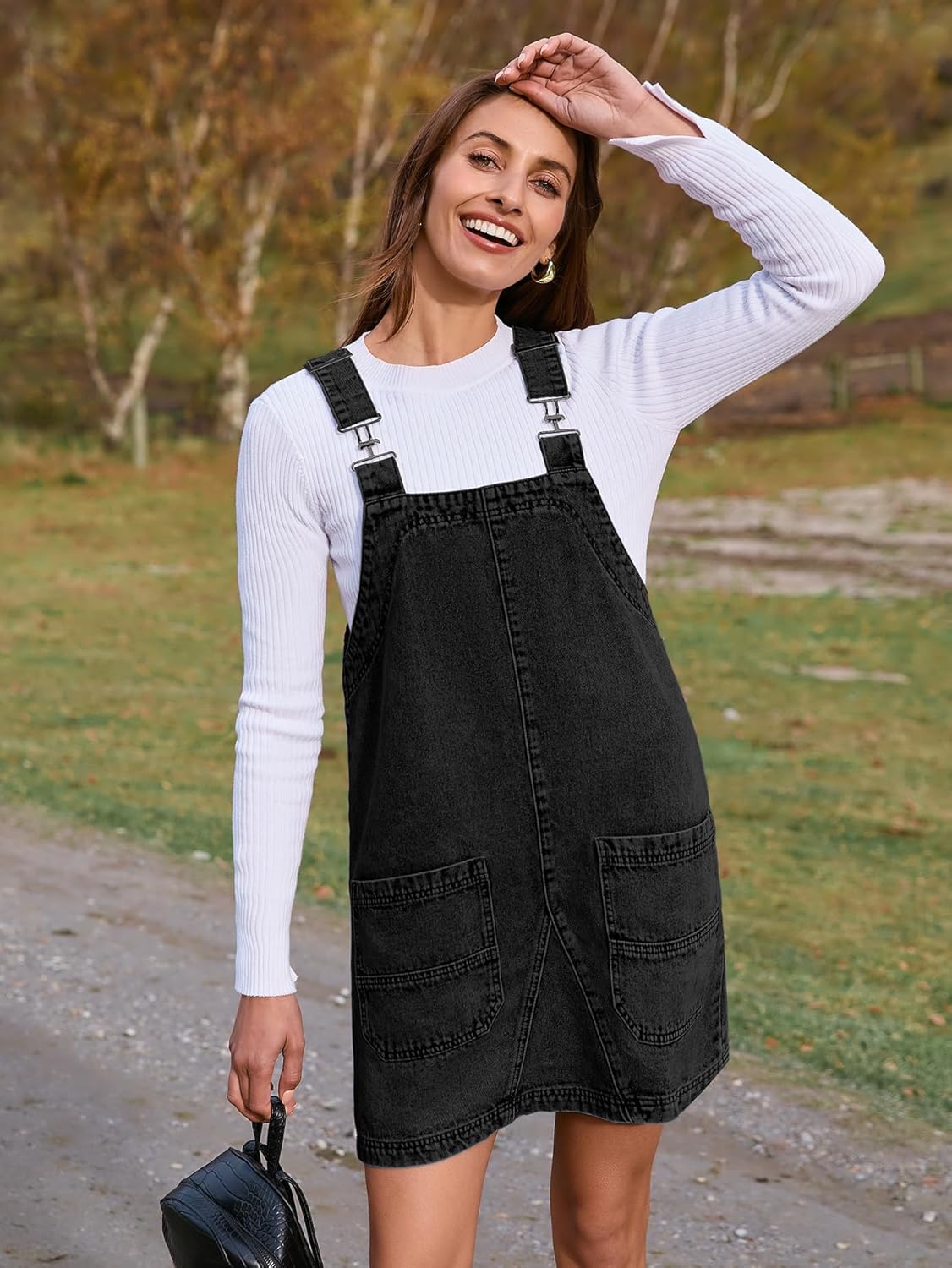 Denim Overall Jumper Dress with Pockets - Demin Black