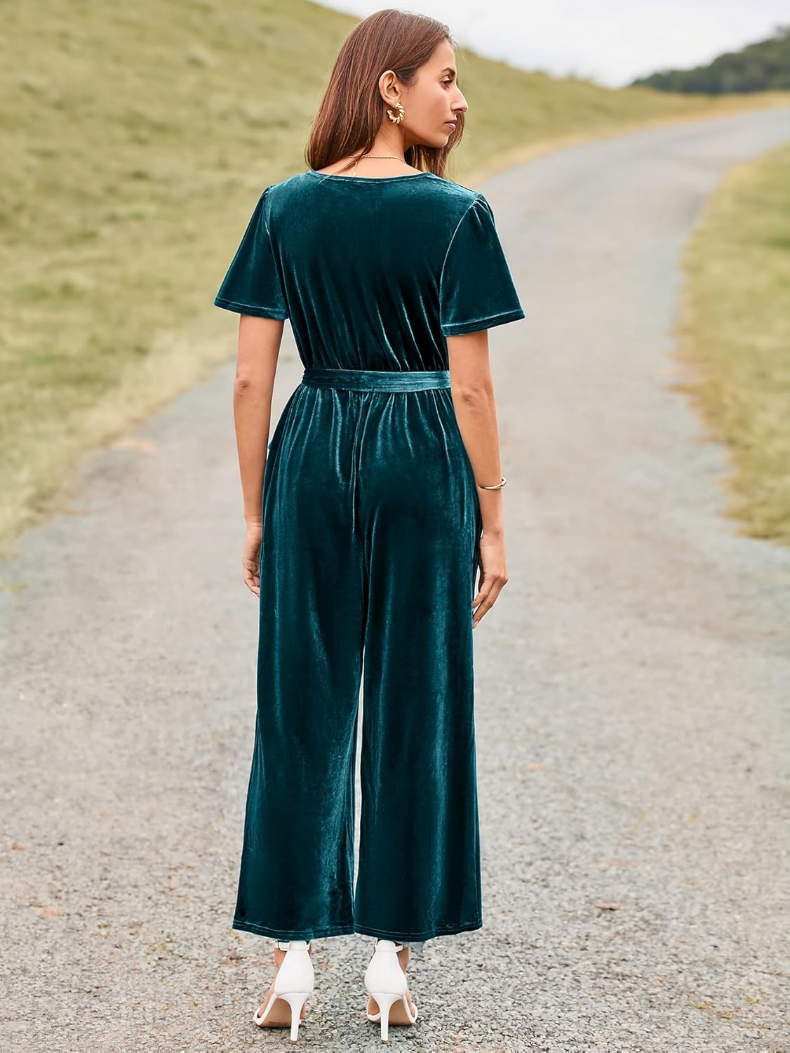 Velvet Short Sleeve Belted Wide Leg Jumpsuit - Lake Blue