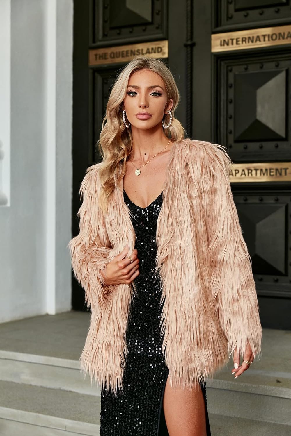 Elegant Long Evening Party Overcoat Faux Fur Coat - Beigepink
