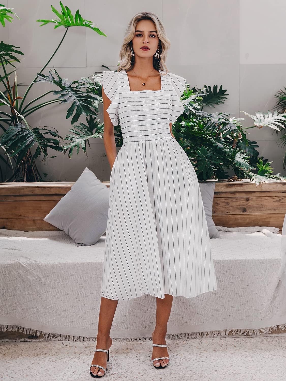 Striped Puff Sleeve Smocked A Line Midi Dress - White Stripe