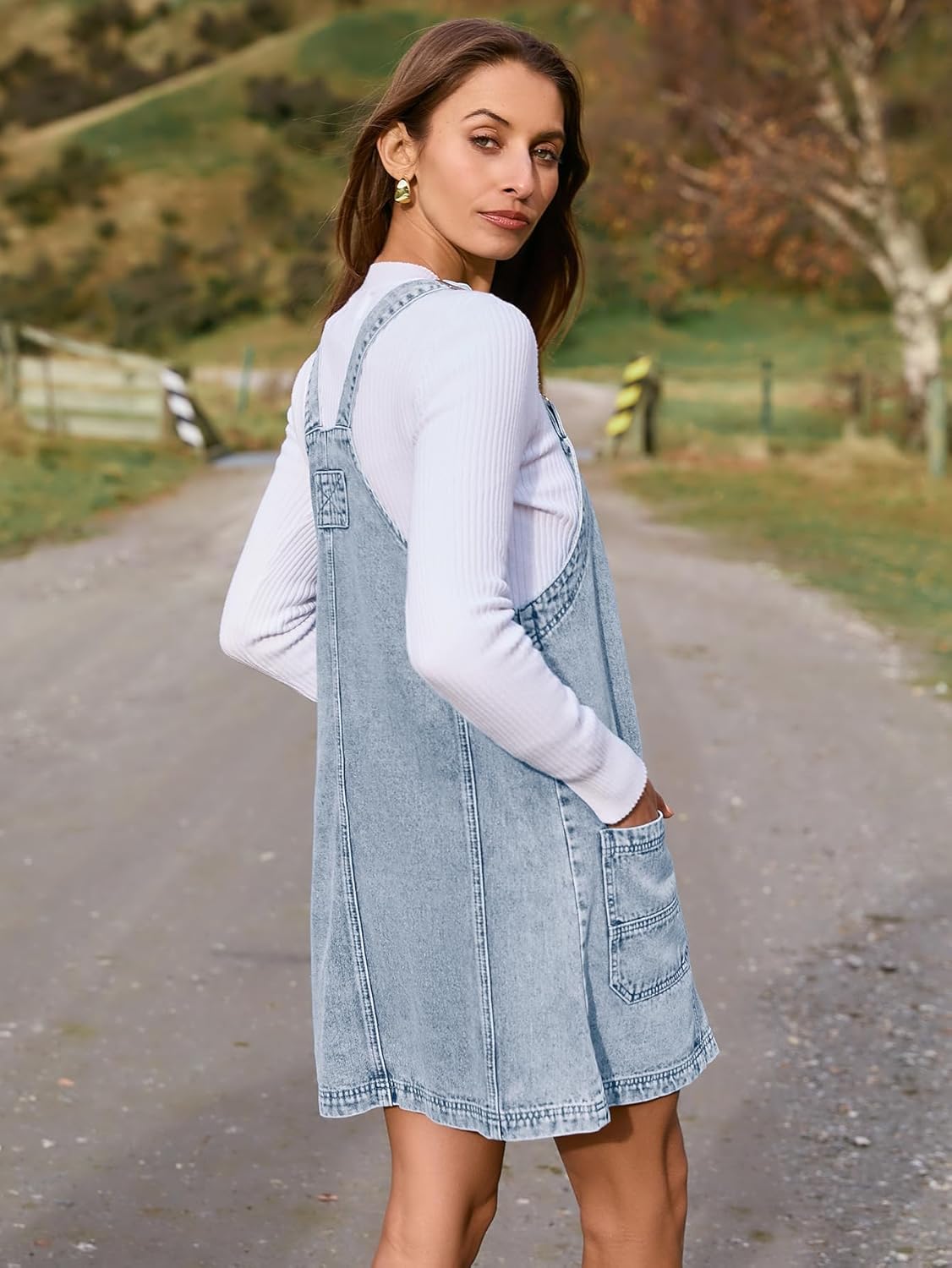 Denim Overall Jumper Dress with Pockets - Demin White Blue