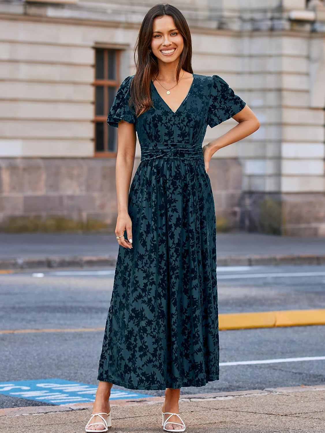 Velvet Floral Slit V-Neck Flutter Sleeve Maxi Dress - Dark Blue
