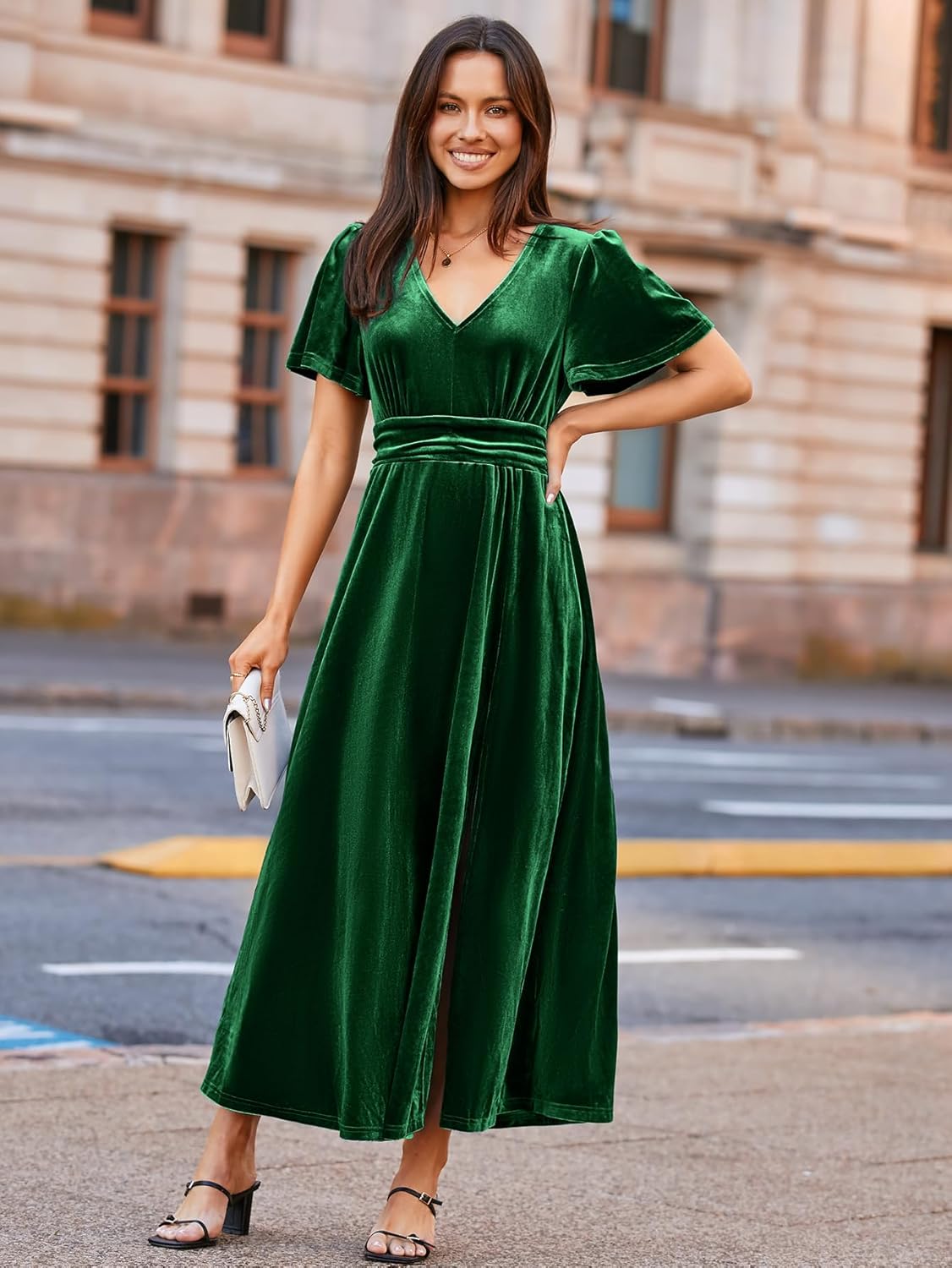 Elegant Velvet V-Neck Slit Ruffle Sleeve Maxi Dress - Green