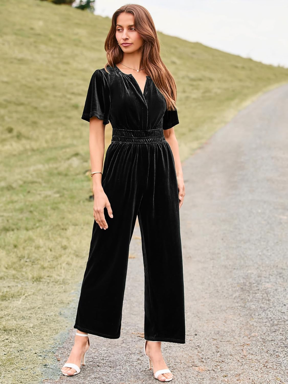 Velvet Short Sleeve V Neck Wide Leg Jumpsuit - Black