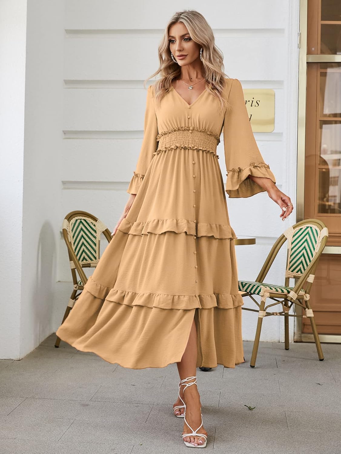 Long Sleeve Tiered Ruffle Smocked Flare Maxi Dress - Khaki