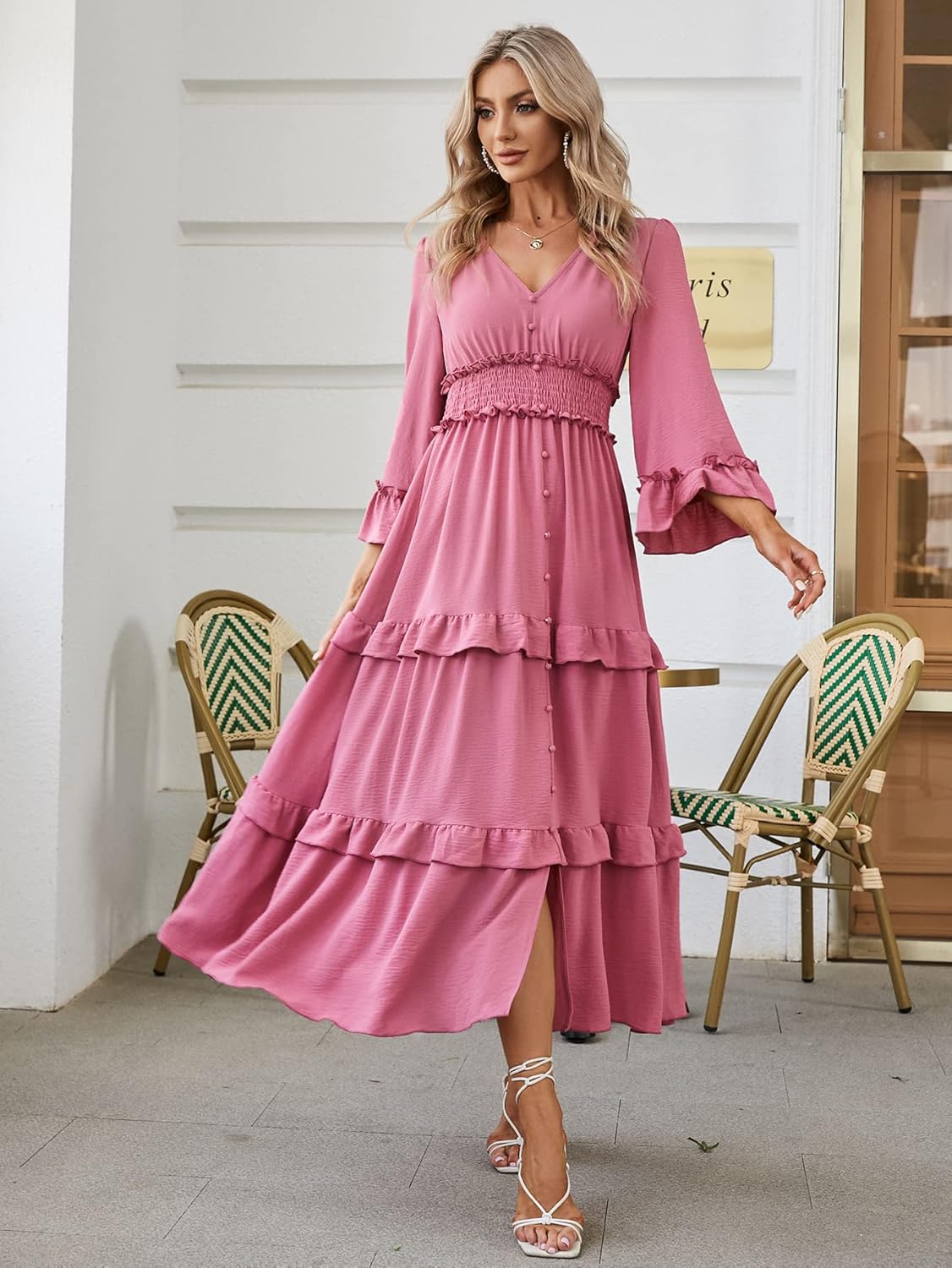Long Sleeve Tiered Ruffle Smocked Flare Maxi Dress - Pink