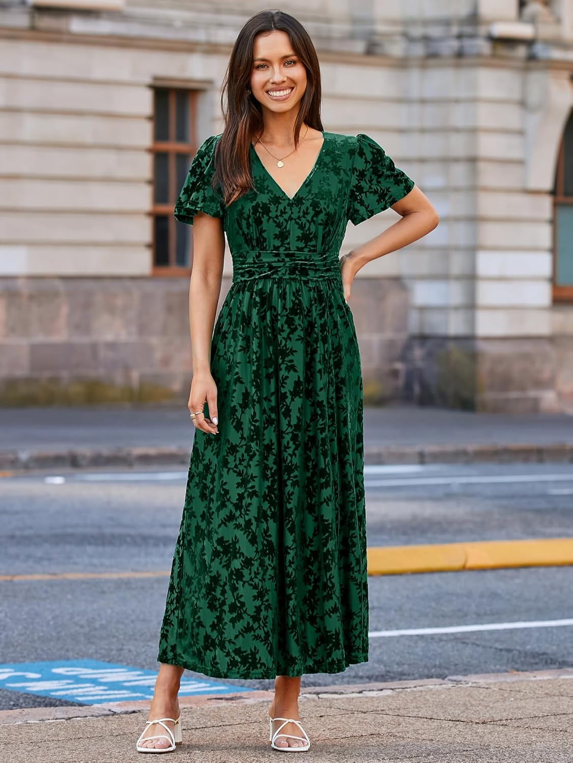 Velvet Floral Slit V-Neck Flutter Sleeve Maxi Dress - Green