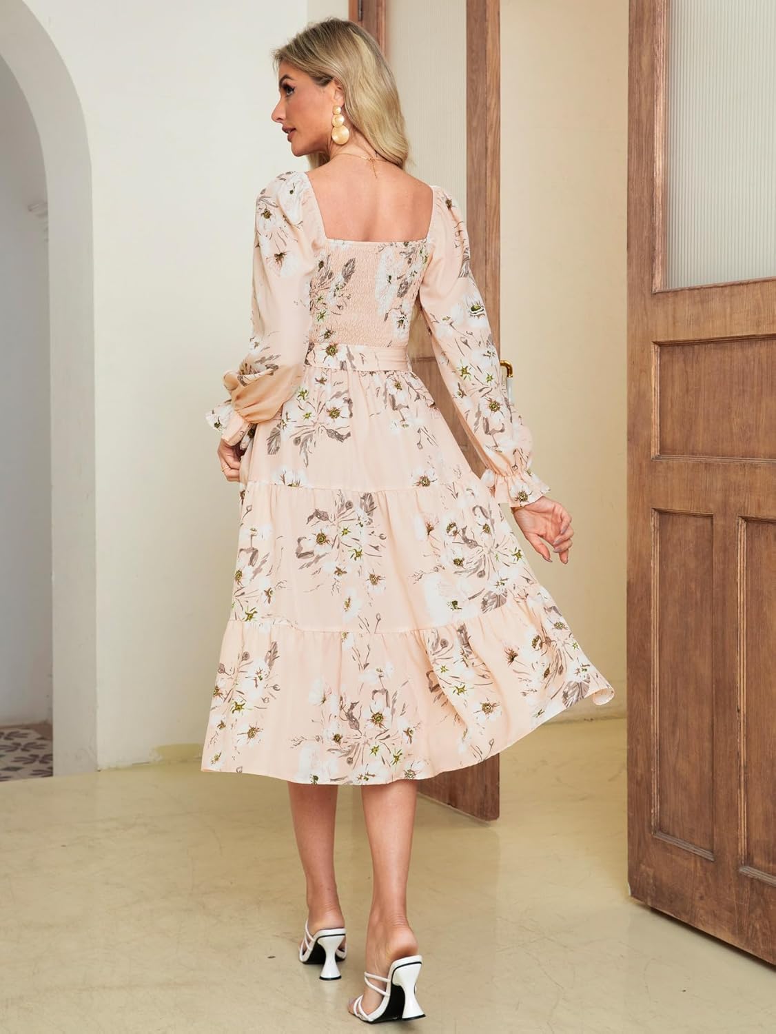 Floral Shirred Tie Waist Ruffle Hem Midi Dress - Floral Peach