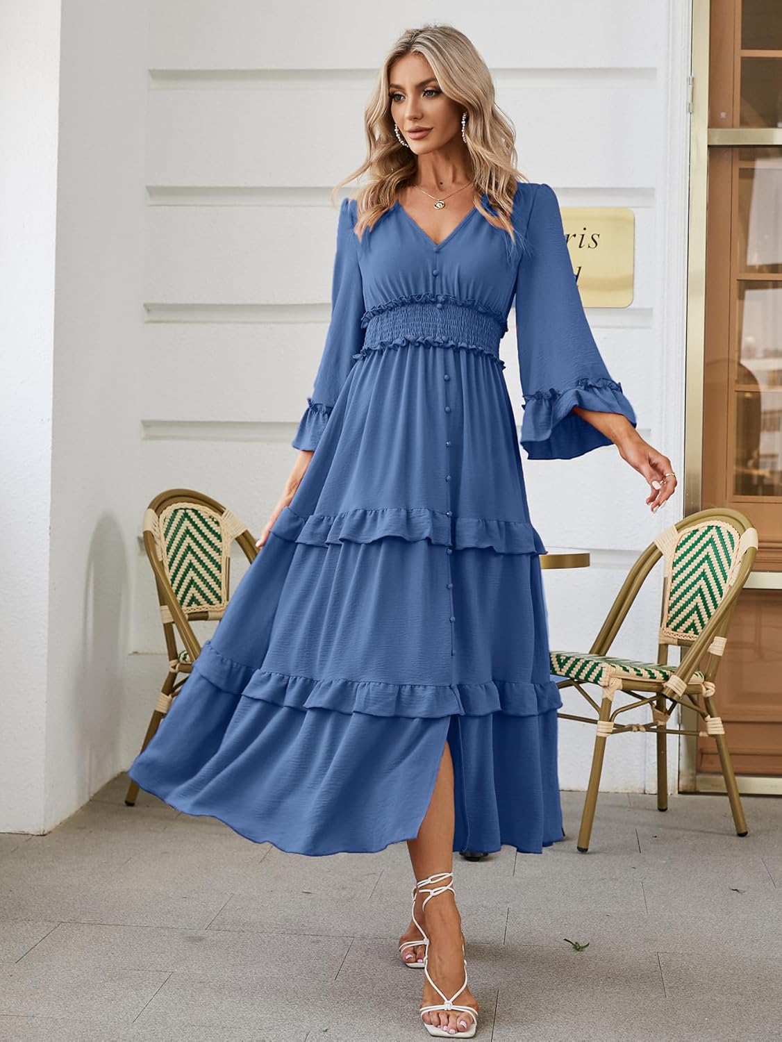 Long Sleeve Tiered Ruffle Smocked Flare Maxi Dress - Dusty Blue