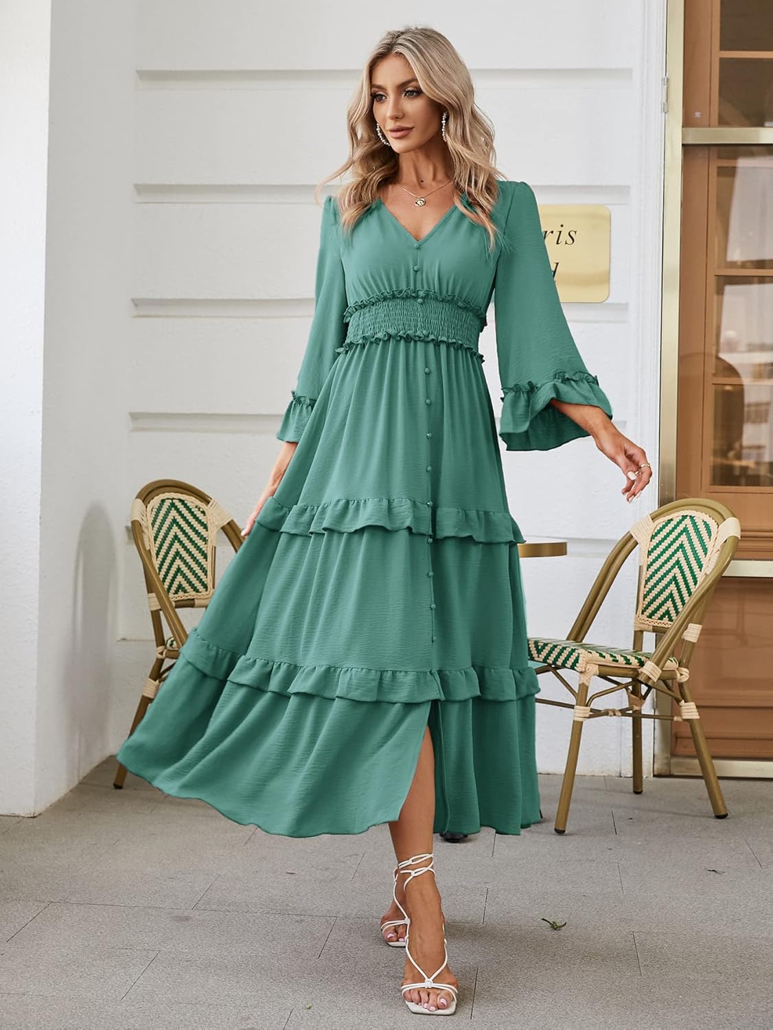 Long Sleeve Tiered Ruffle Smocked Flare Maxi Dress - Green