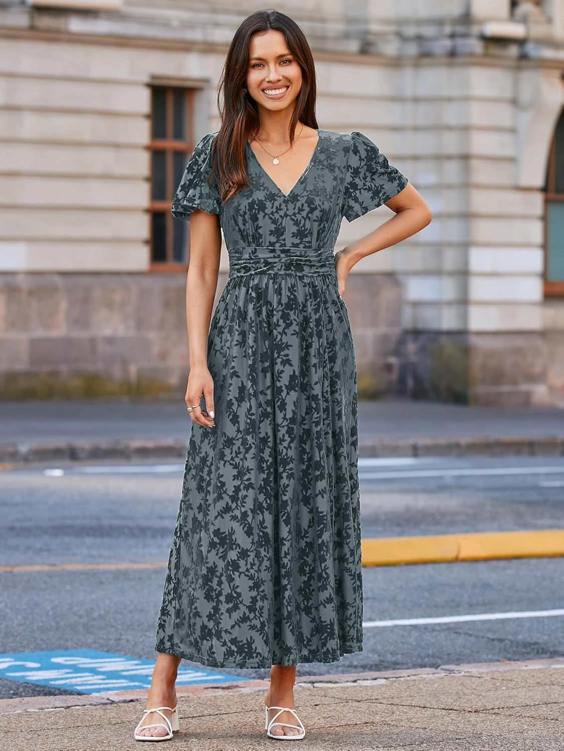 Velvet Floral Slit V-Neck Flutter Sleeve Maxi Dress - Dusty Blue