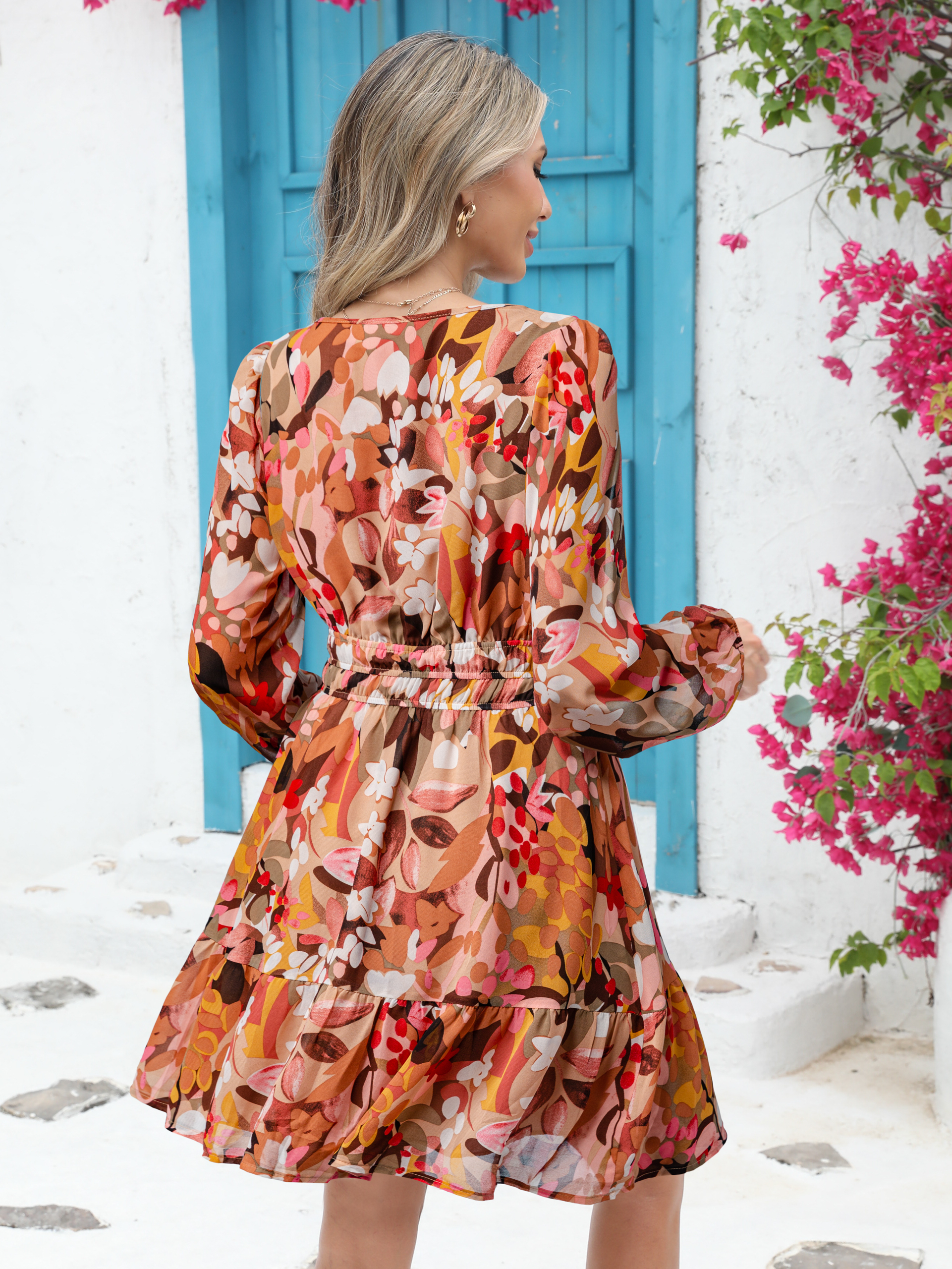 Boho V Neck A Line Floral Chiffon Mini Dress
