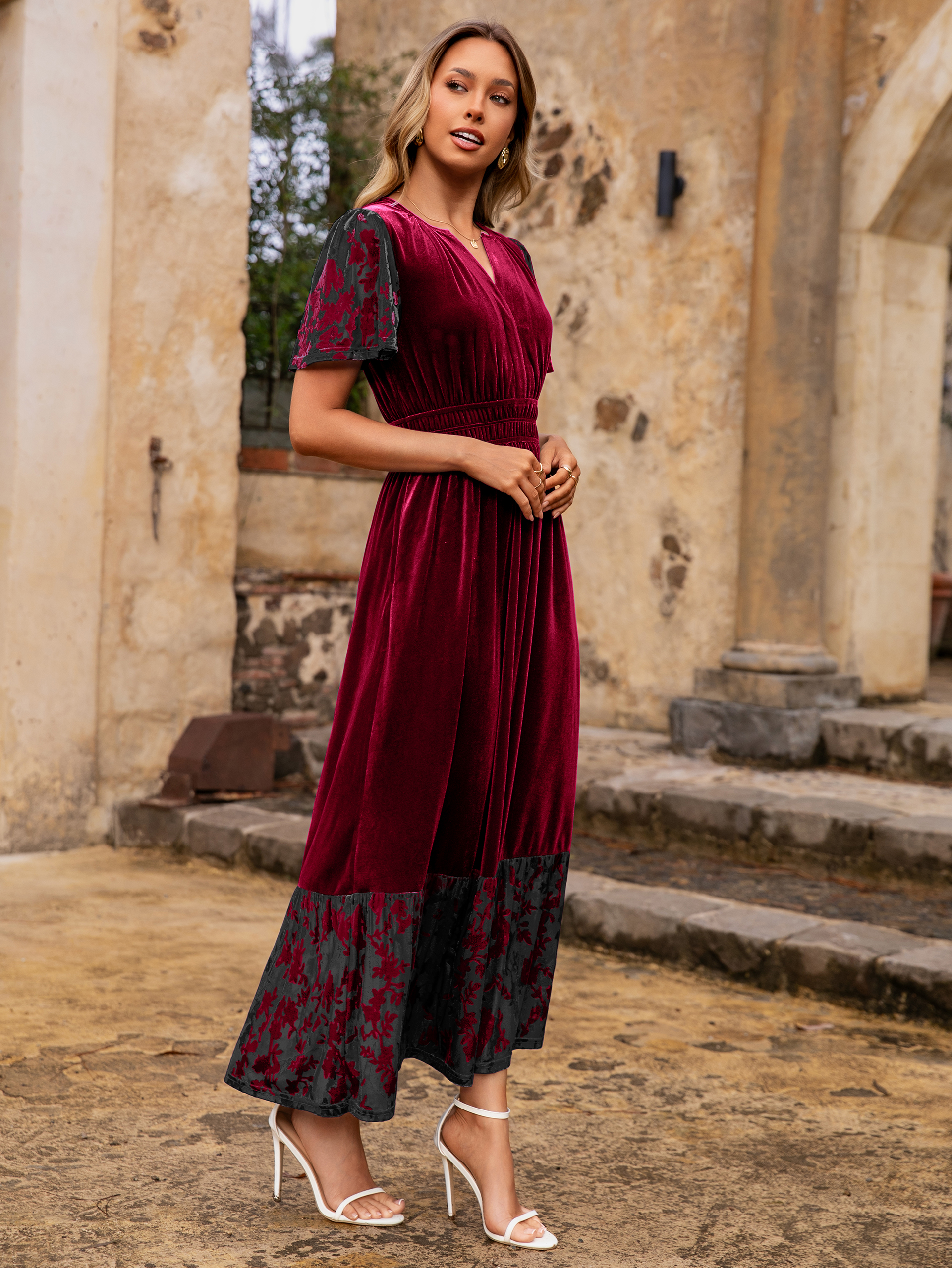 Velvet Floral Burnout V Neck Maxi Dress