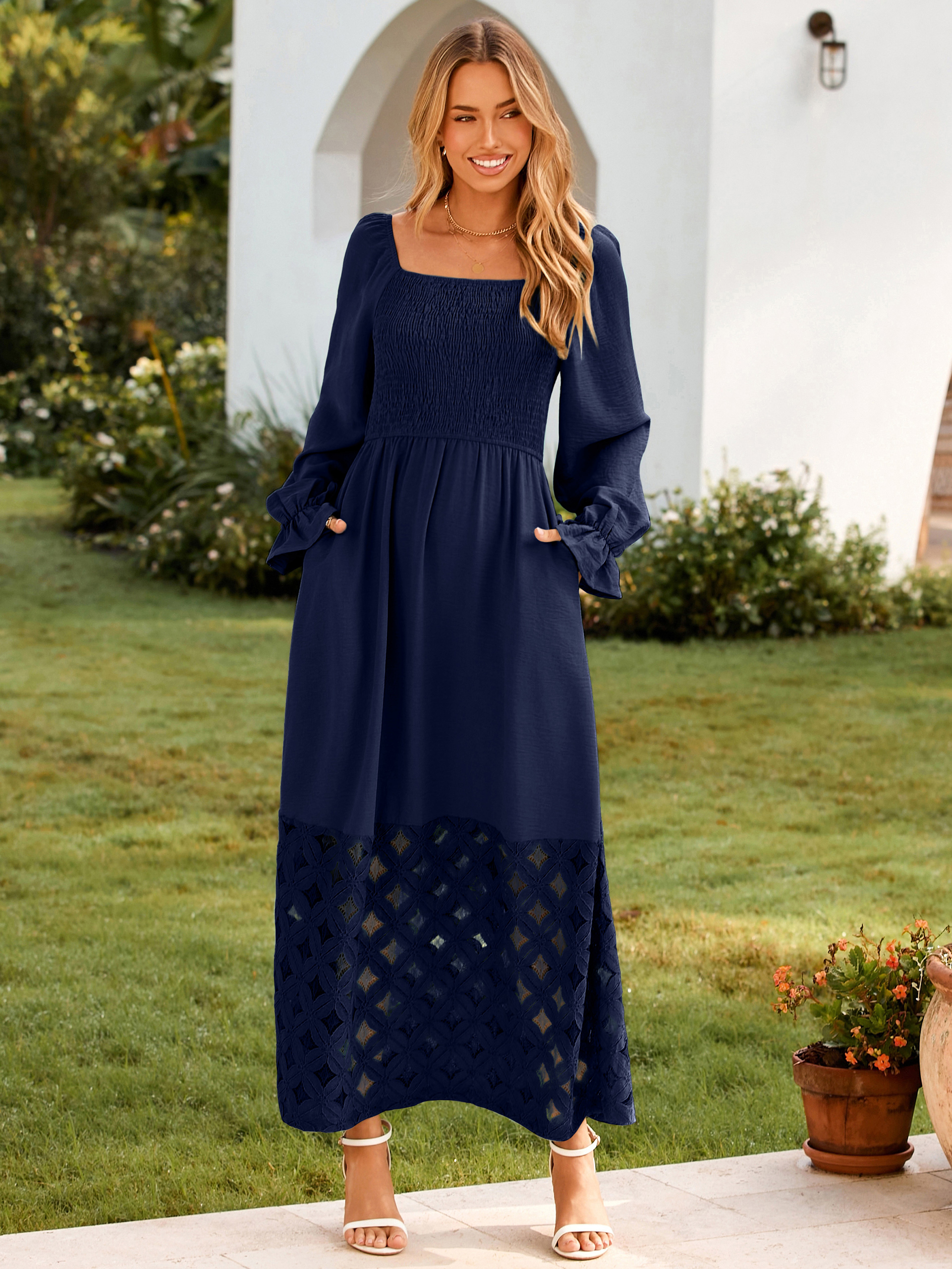 Boho Flowy Square Neck Wedding Guest Maxi Dress