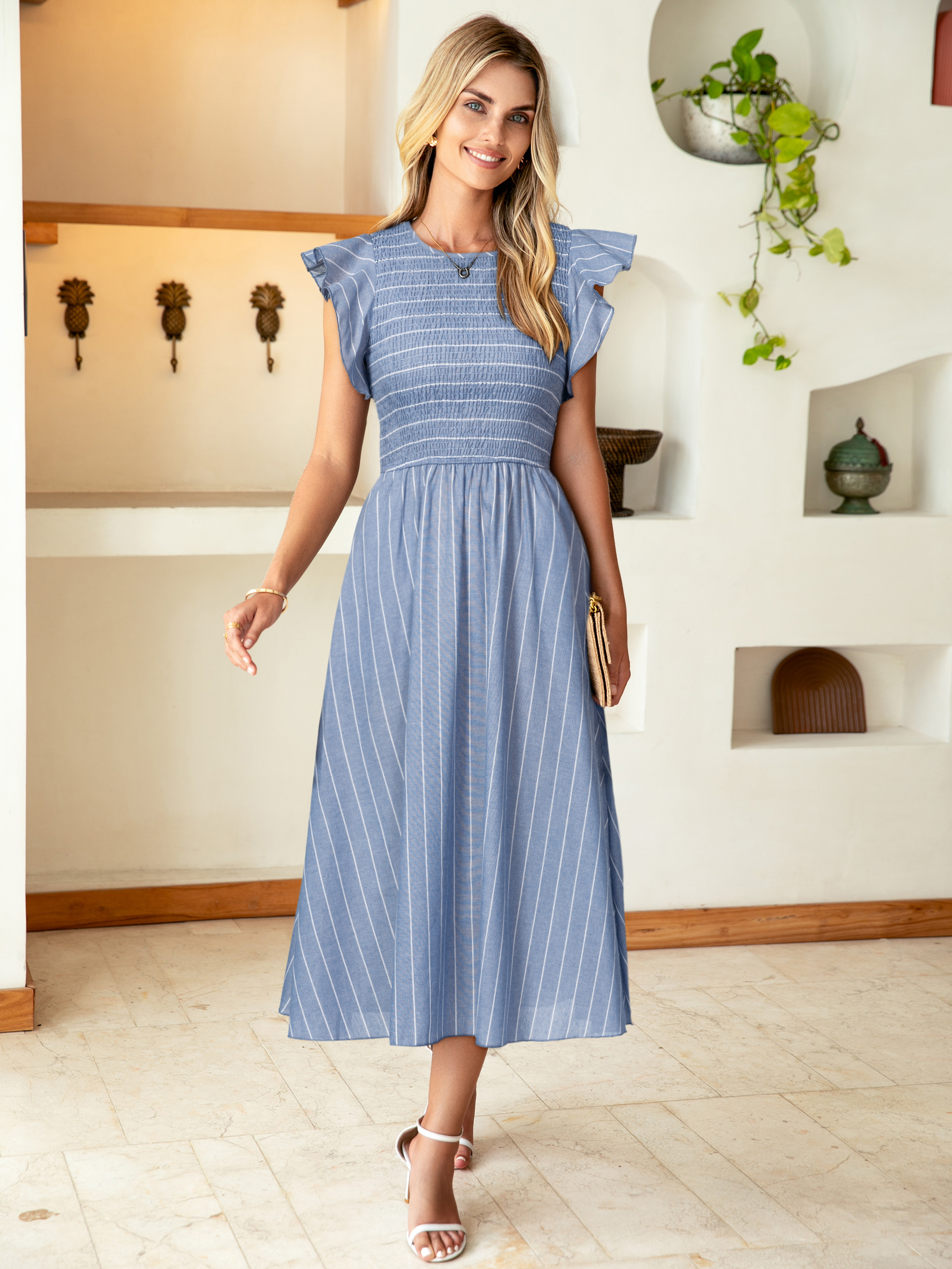 Striped Smocked Midi Dress with Flutter Sleeves