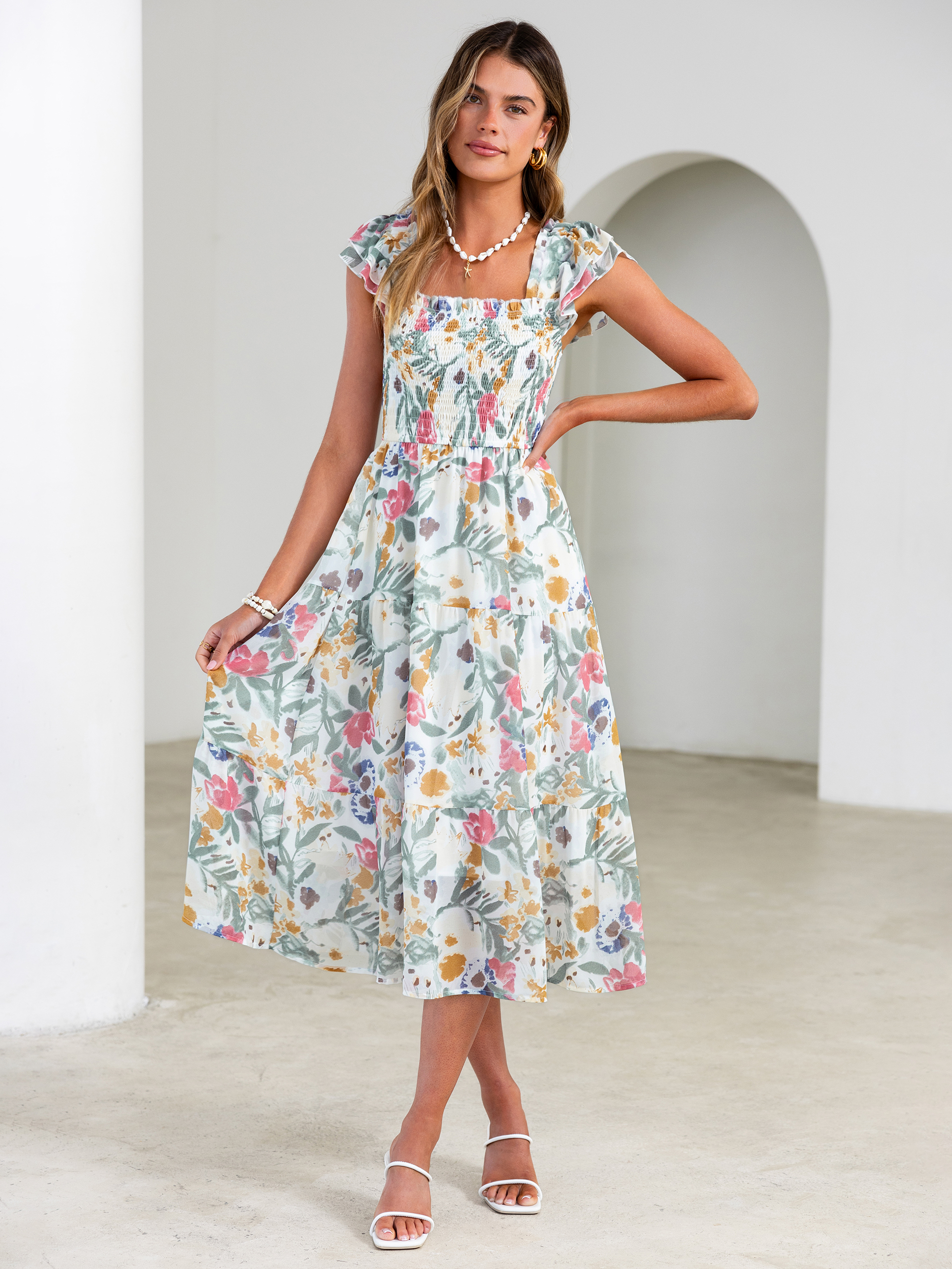 Floral Print Smocked Tiered Maxi Dress - White Floral