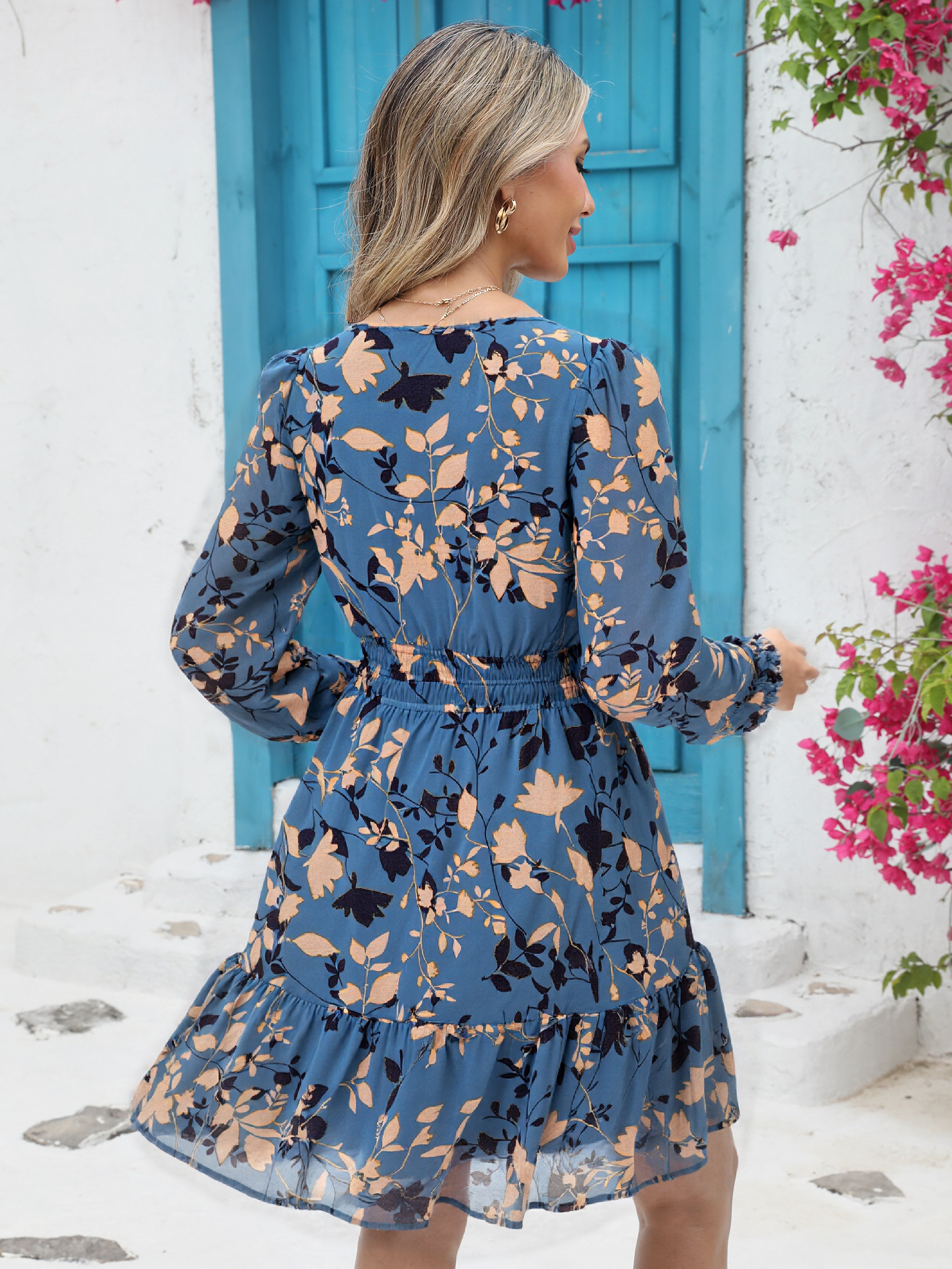 Boho V Neck A Line Floral Chiffon Mini Dress