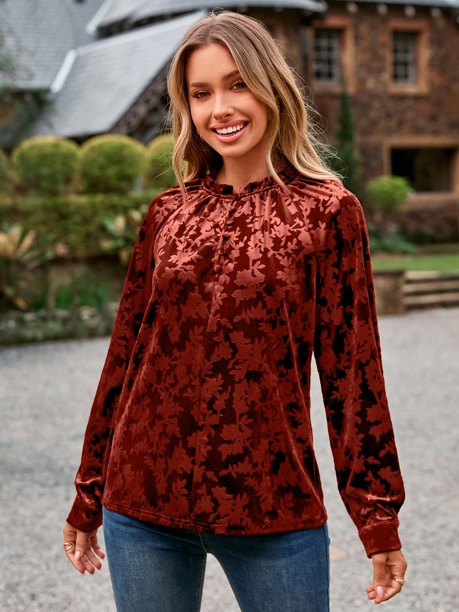 Velvet Button Down Long Sleeve Dressy Casual Blouse
