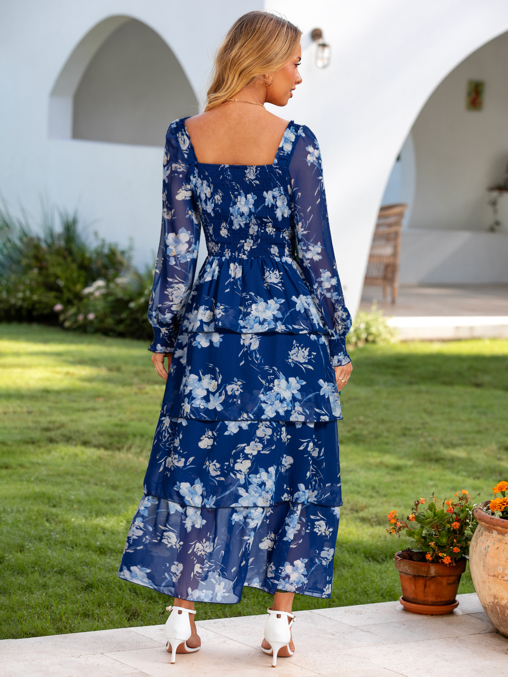 Floral Chiffon Tiered Smocked Wedding Guest Dress