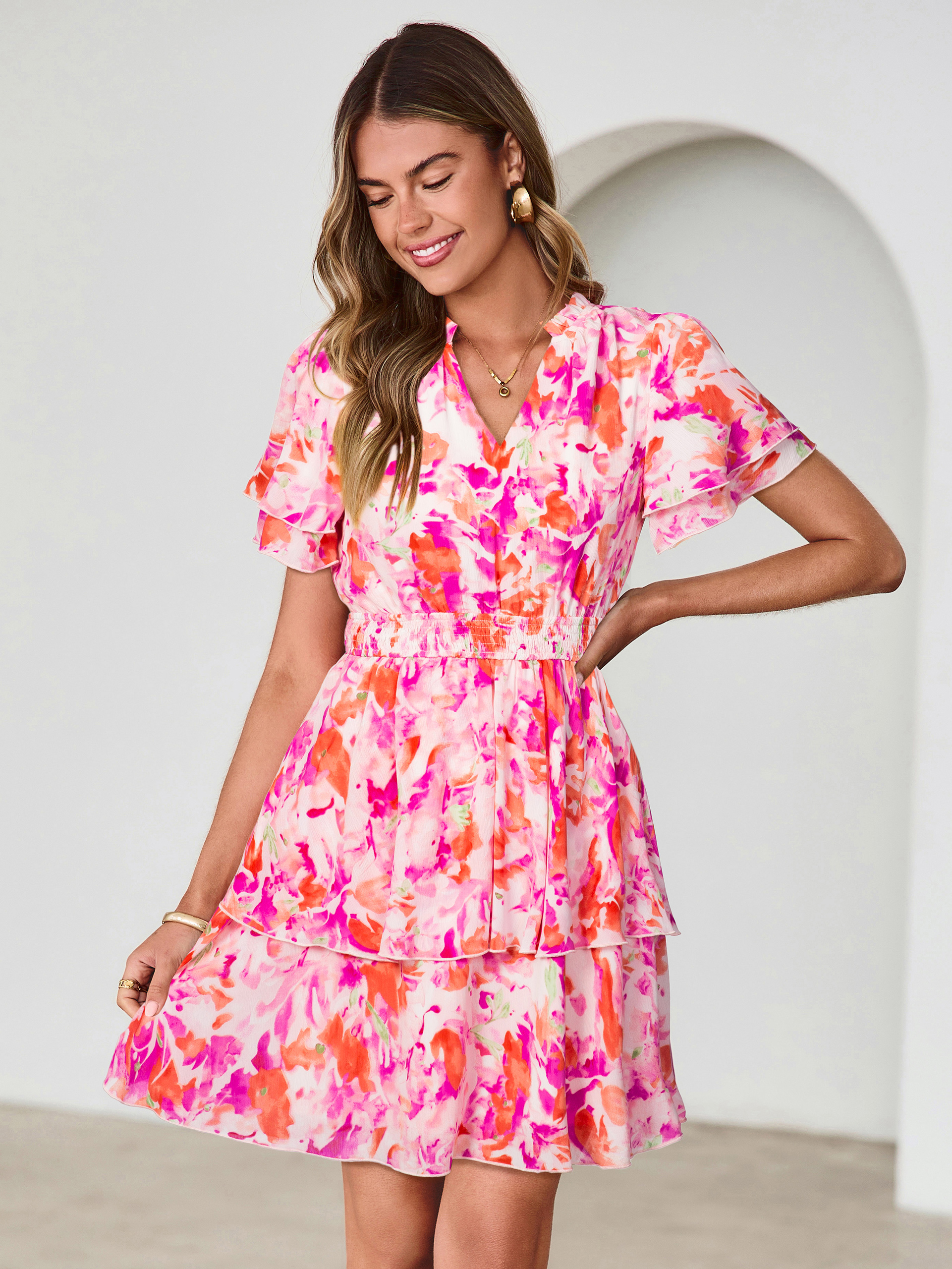 Floral Print V Neck Smocked Tiered Mini Dress