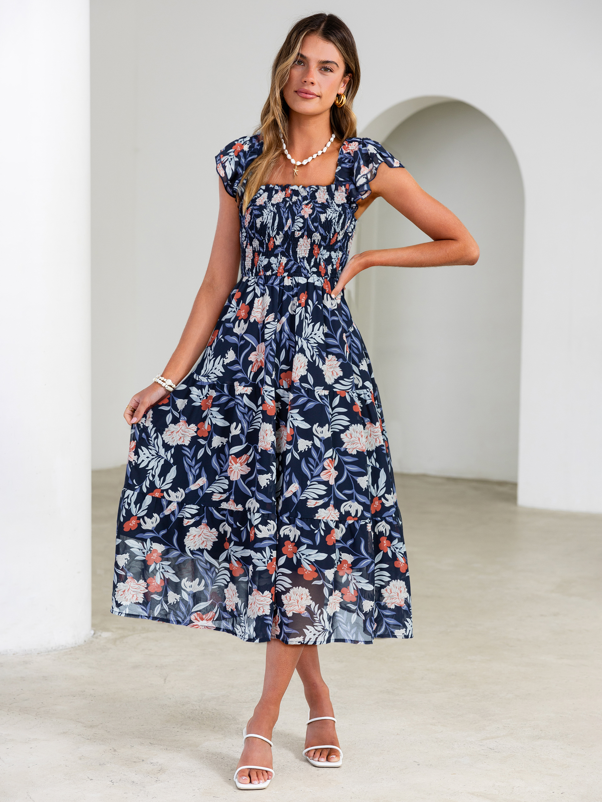 Floral Print Smocked Tiered Maxi Dress - Navy Blue Floral