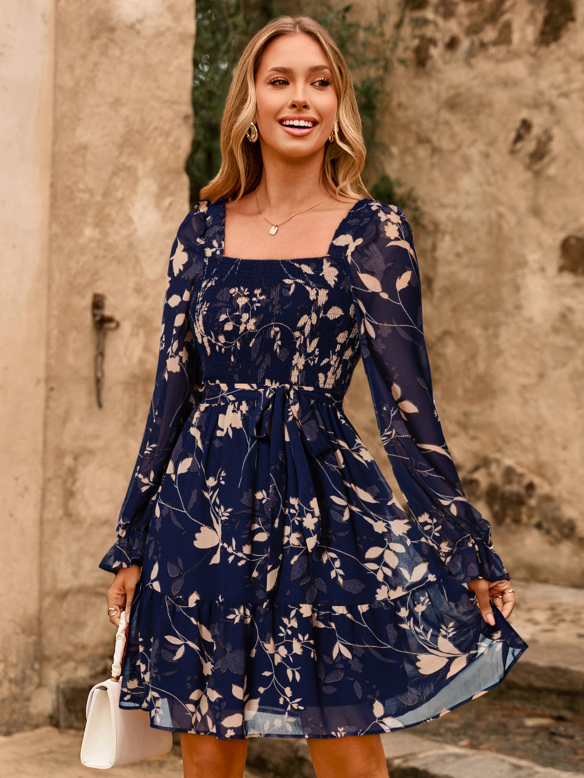 Boho Floral Chiffon Smocked Mini Dress - Navy Blue Flower