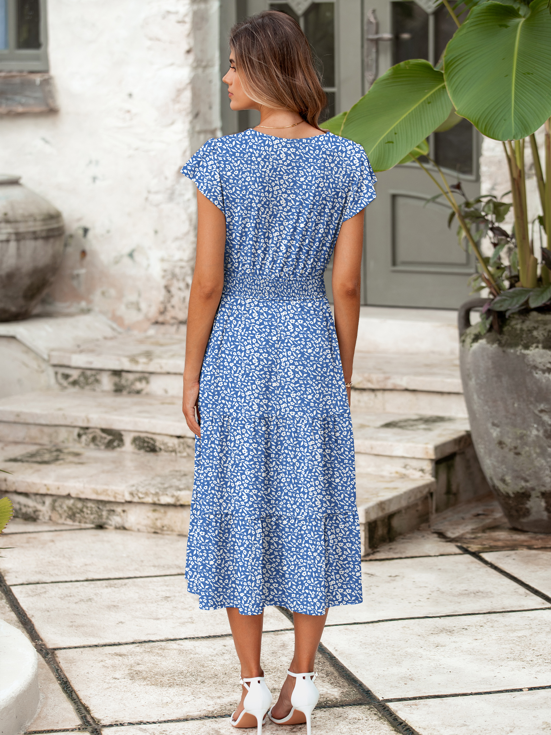 Boho Floral Flutter Sleeve Smocked Midi Dress