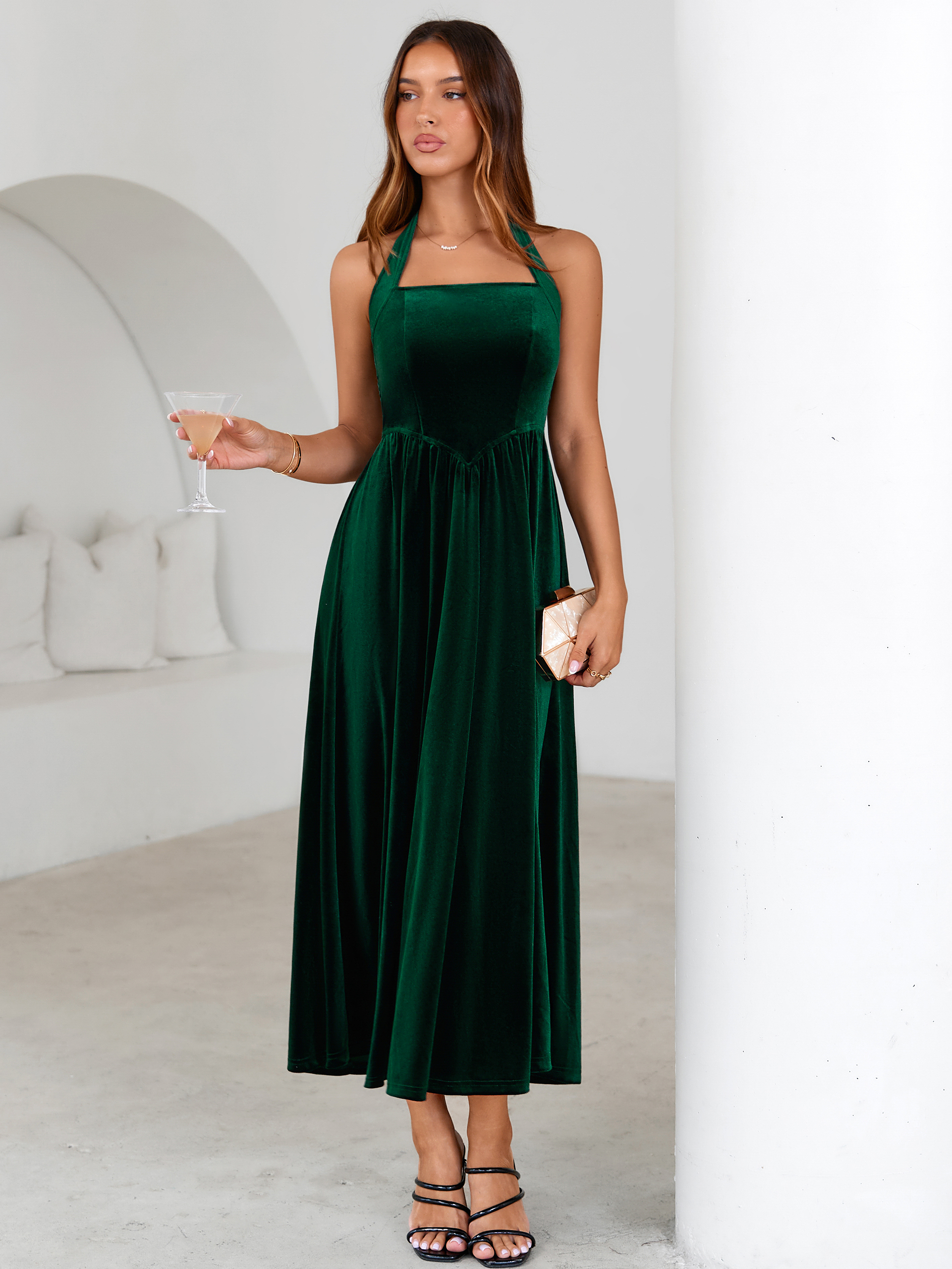 Halter Neck Velvet Backless Party Maxi Dress - Dark Green