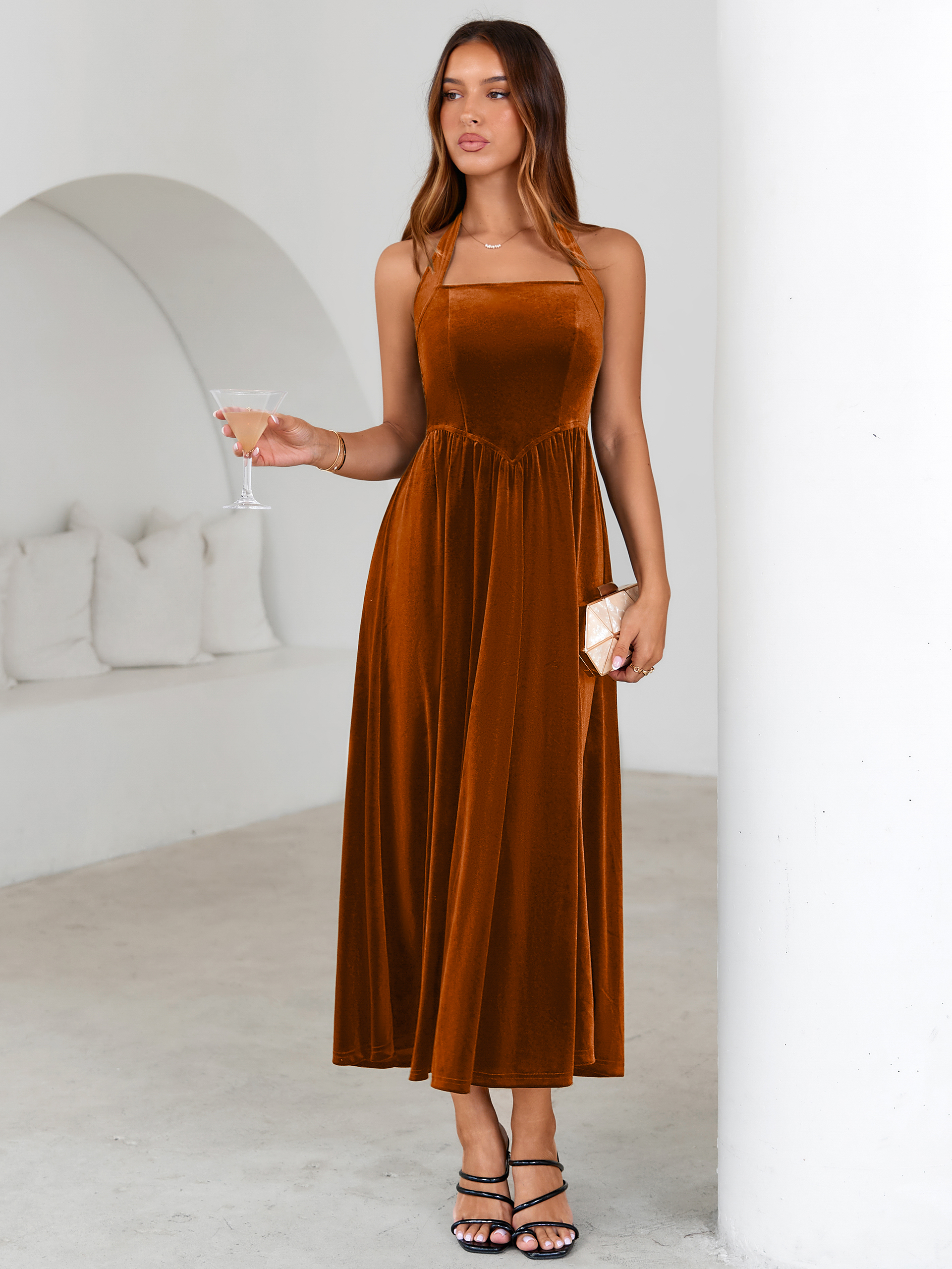 Halter Neck Velvet Backless Party Maxi Dress - Burnt Orange